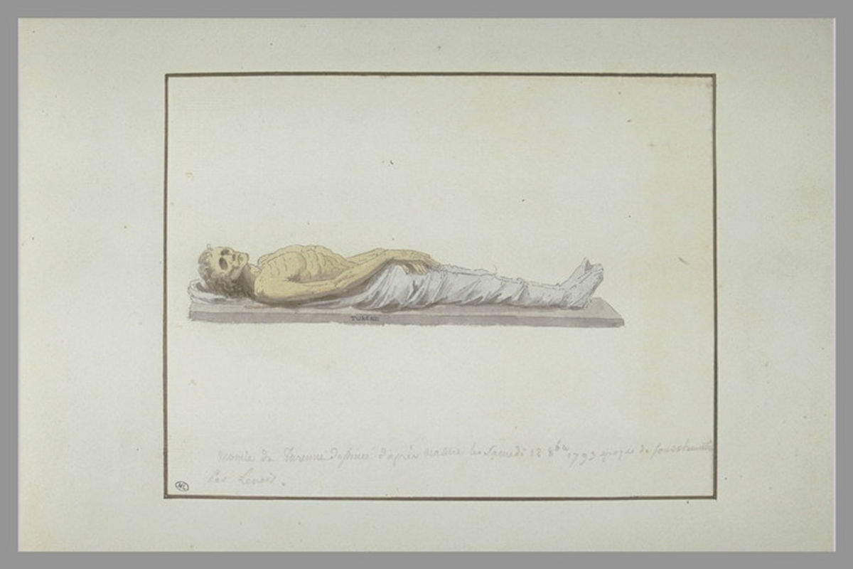 Alexandre Marie Lenoir, Les restes de Turenne, exhum&eacute;s de son tombeau en 1793 (1793 ; plume à l'encre brune, aquarelle, mine de plomb sur papier, 52,4 x 40,5 cm ; Paris, mus&eacute;e du Louvre) &copy; GrandPalaisRmn