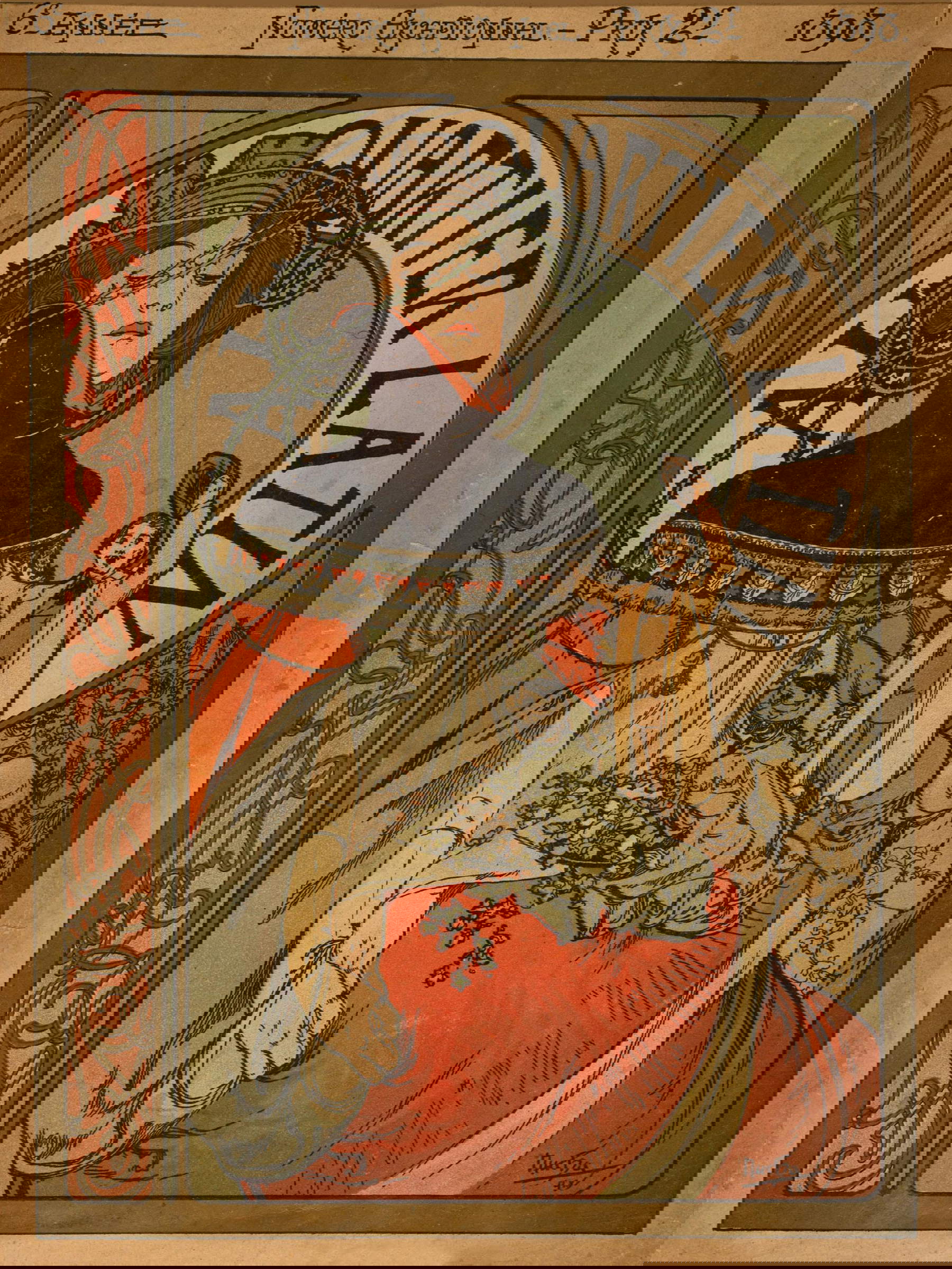 Alphonse Mucha, Au Quartier latin (1898; litografia a colori, copertina per la omonima rivista, anno 6, numero speciale, 1898. Collezione Bardazzi, Firenze)