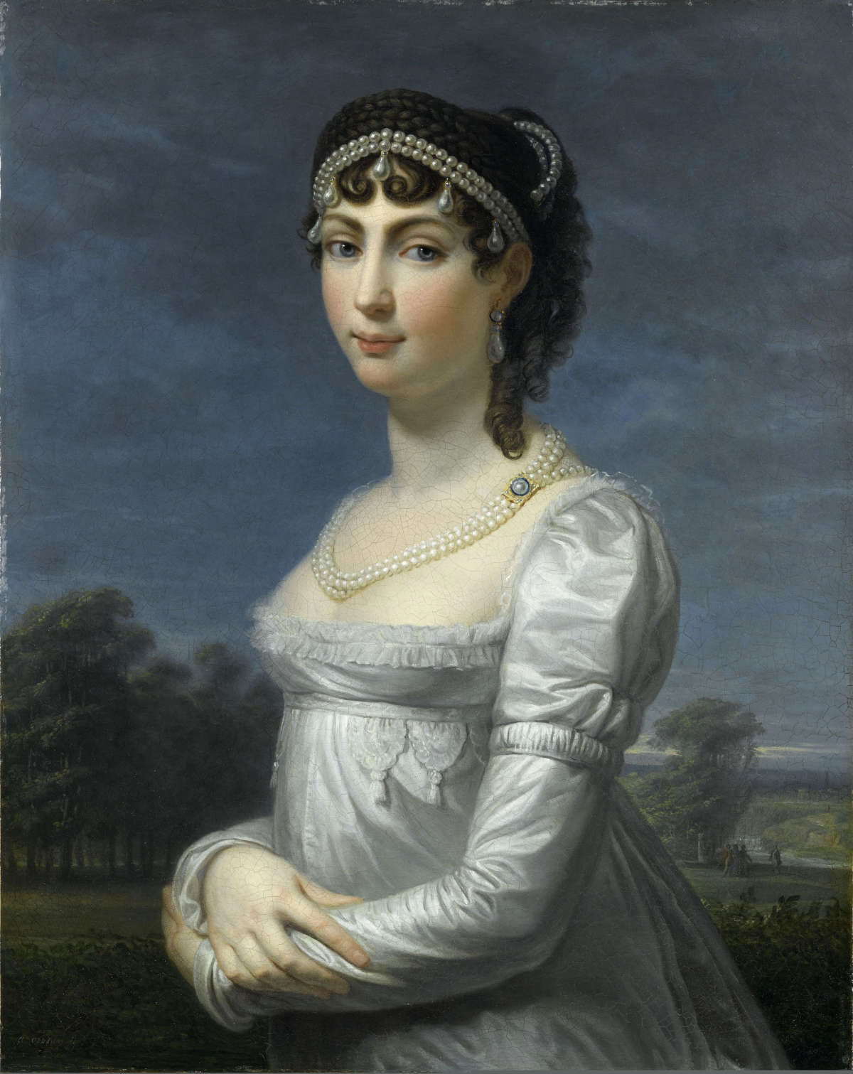 Andrea Appiani, Bildnis der Augusta Amelia von Bayern im weißen Kleid und mit Perlenkranz (1806 - 1808; Öl auf Leinwand, 218 x 142 cm; Rueil-Malmaison, Mus&eacute;und national des ch&acirc;teaux de Malmaison et de Bois-Pr&eacute;au) &copy; GrandPalaisRmn (mus&eacute;e des ch&acirc;teaux de Malmaison et de Bois-Pr&eacute;au) / G&eacute;rard Blot