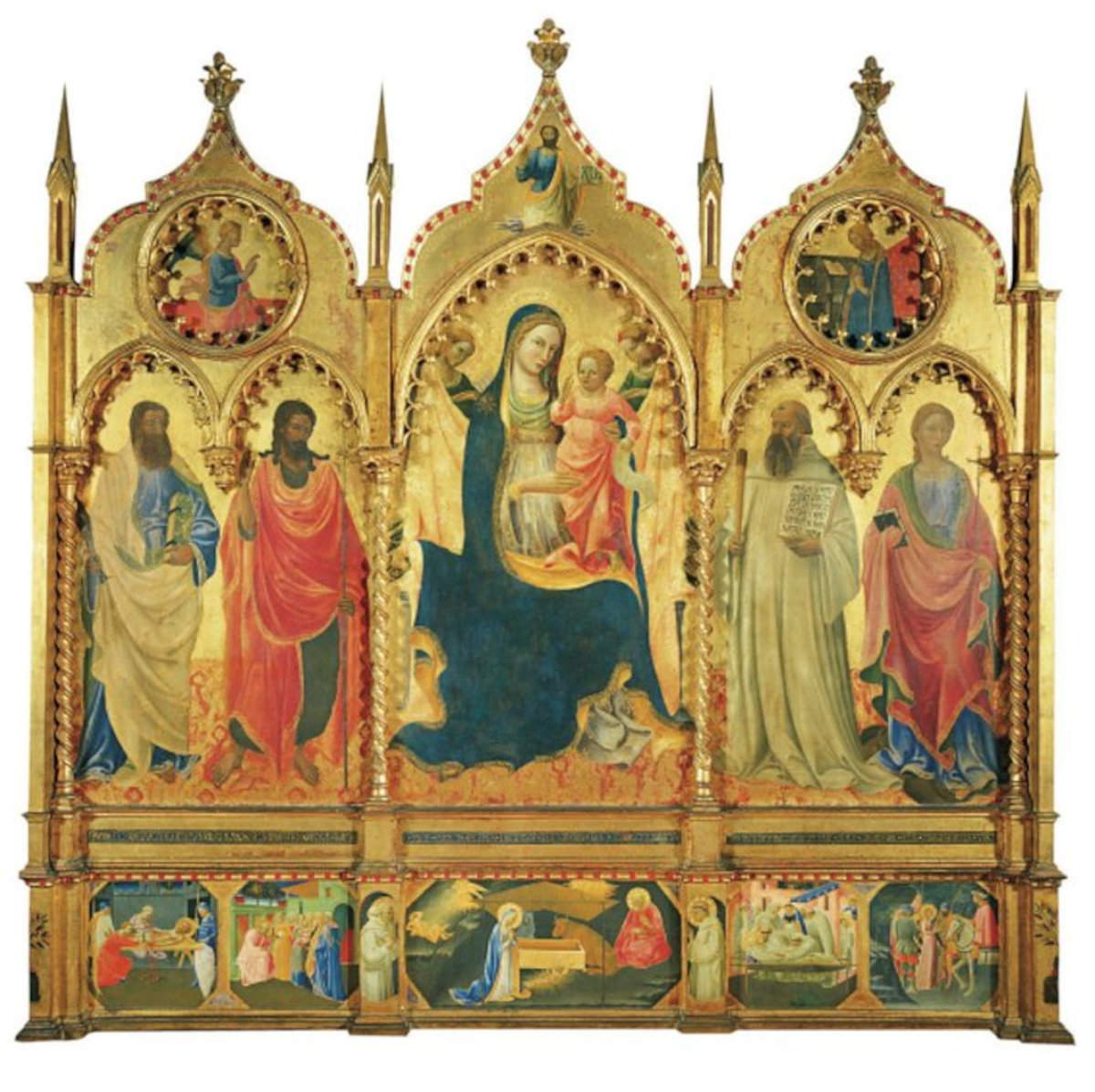 Andrea di Giusto, Madonna and Child between Saints Bartholomew, John the Baptist, Benedict and Margaret; Annunciation; predella with Stories of the Saints; Nativity (1435, tempera on panel, 230 x 245 cm; Prato, Museo di Palazzo Pretorio). Photo: Museum of Palazzo Pretorio