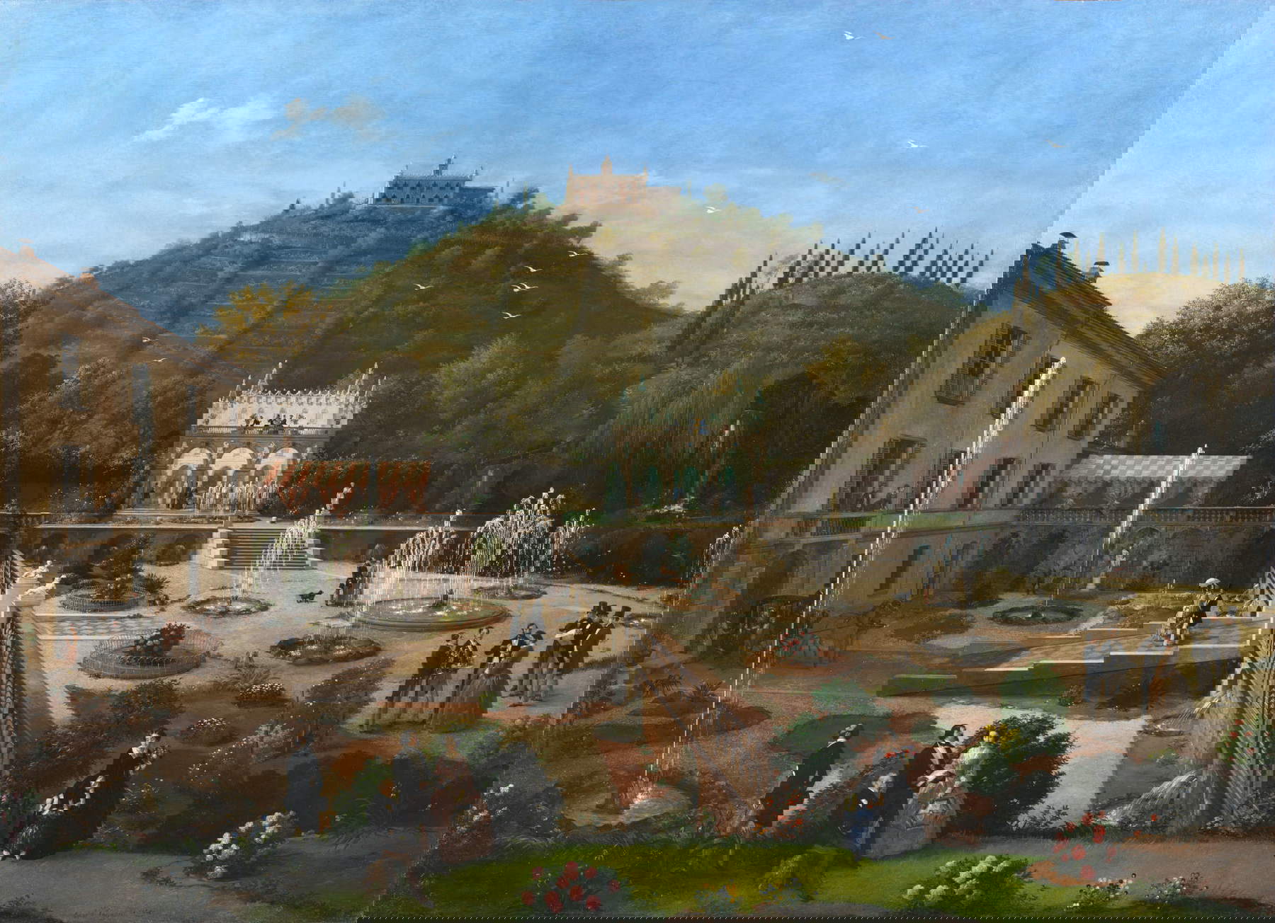 Angelo Inganni, Le jardin de la Villa Richiedei (vers 1850 ; huile sur toile, 288,5 x 208 cm ; Brescia, Museo di Santa Giulia, prêté à la municipalité de Gussago)