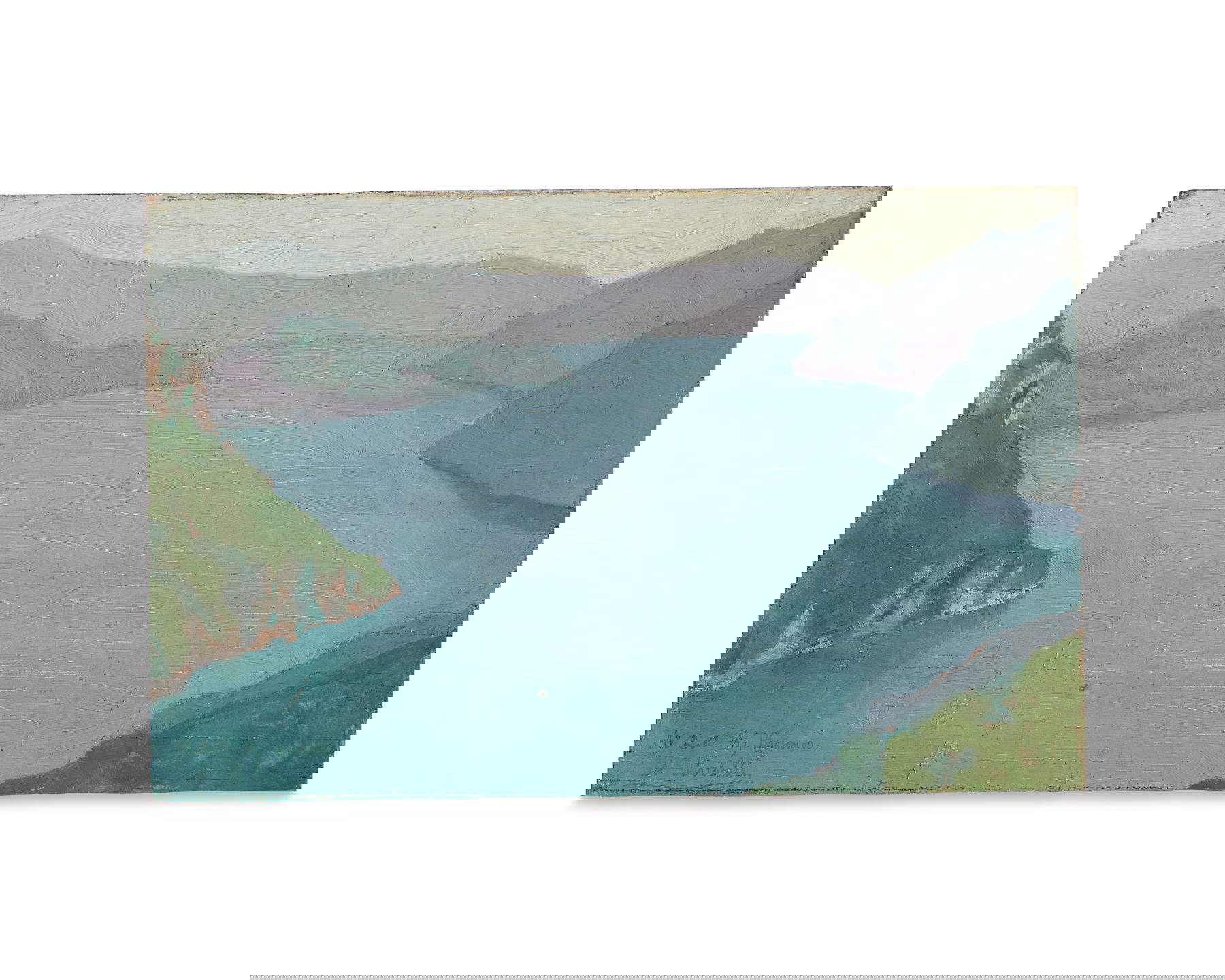 Angelo Morbelli, Veduta del lago d'Iseo (óleo sobre tabla, firmado y dedicado 