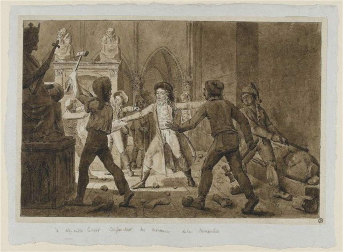 Anonyme, Alexandre Lenoir D&eacute;fendant les monuments contre la fureur des terroristes (XVIIIe siècle ; encre noire à la plume ; encre brune à la plume ; aquarelle (brune) sur papier, 23,9 x 35,5 cm ; Paris, mus&eacute;e du Louvre) &copy; GrandPalaisRmn (mus&eacute;e du Louvre) / Thierry Le Mage
