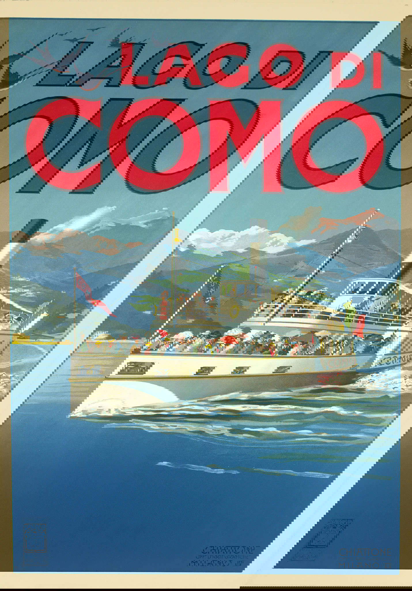 Anónimo, Lago de Como (1920; Chiattone Officine d'Arti Grafiche, Milán, litografía en papel/color, 100x70 cm; Milán, Castello Sforzesco, Civica Raccolta delle Stampe  Anónimo, Lago de Como (1920; Chiattone Officine d'Arti Grafiche, Milán, litografía en papel/color, 100x70 cm; Milán, Castello Sforzesco, Civica Raccolta delle Stampe