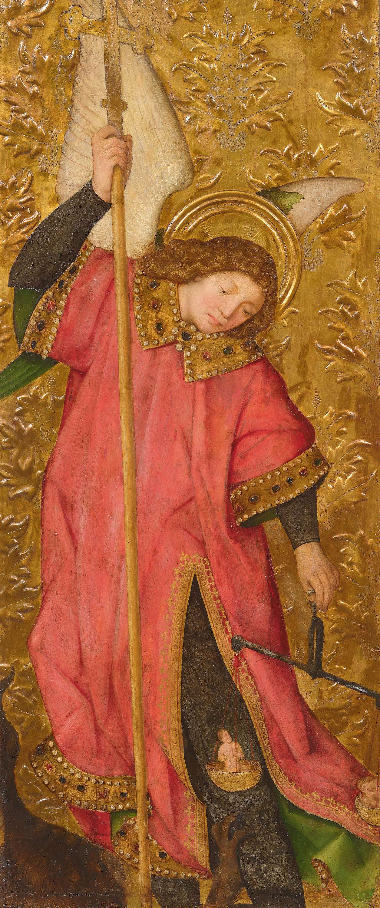 Antoine de Lohny, Arcángel Miguel (óleo, temple y oro sobre tabla, 103,8 x 44 cm)