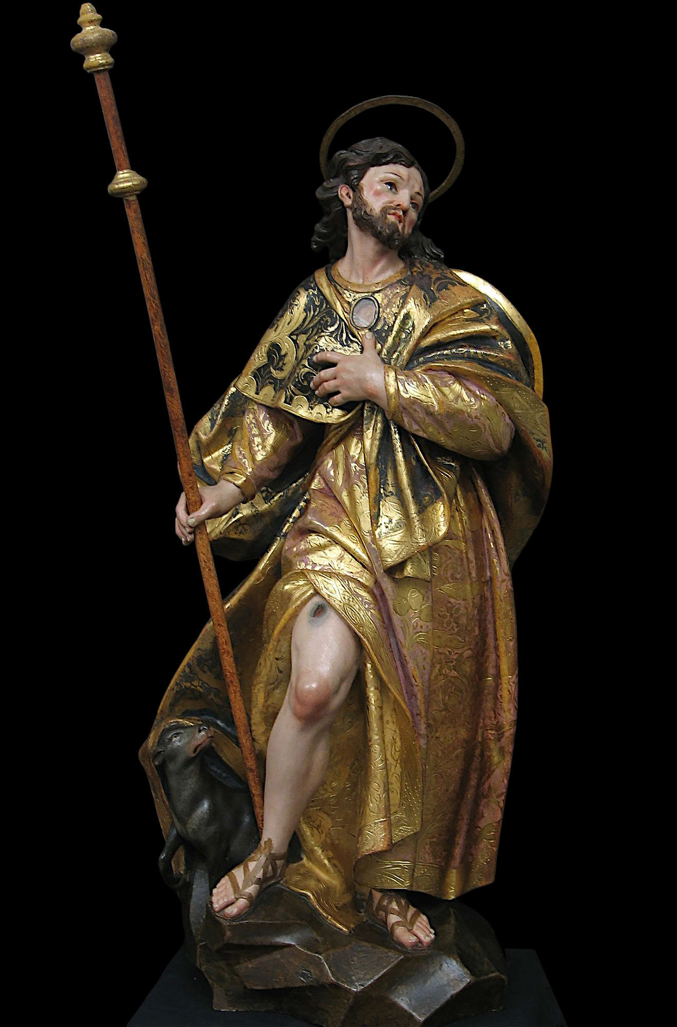 Anton Maria Maragliano, San Rocco (1726; legno scolpito, dipinto e dorato, 90 x 40 x 43 cm; Genova, Museo Diocesano, gi&agrave; chiesa dei Santi Nicol&ograve; ed Erasmo di Voltri)