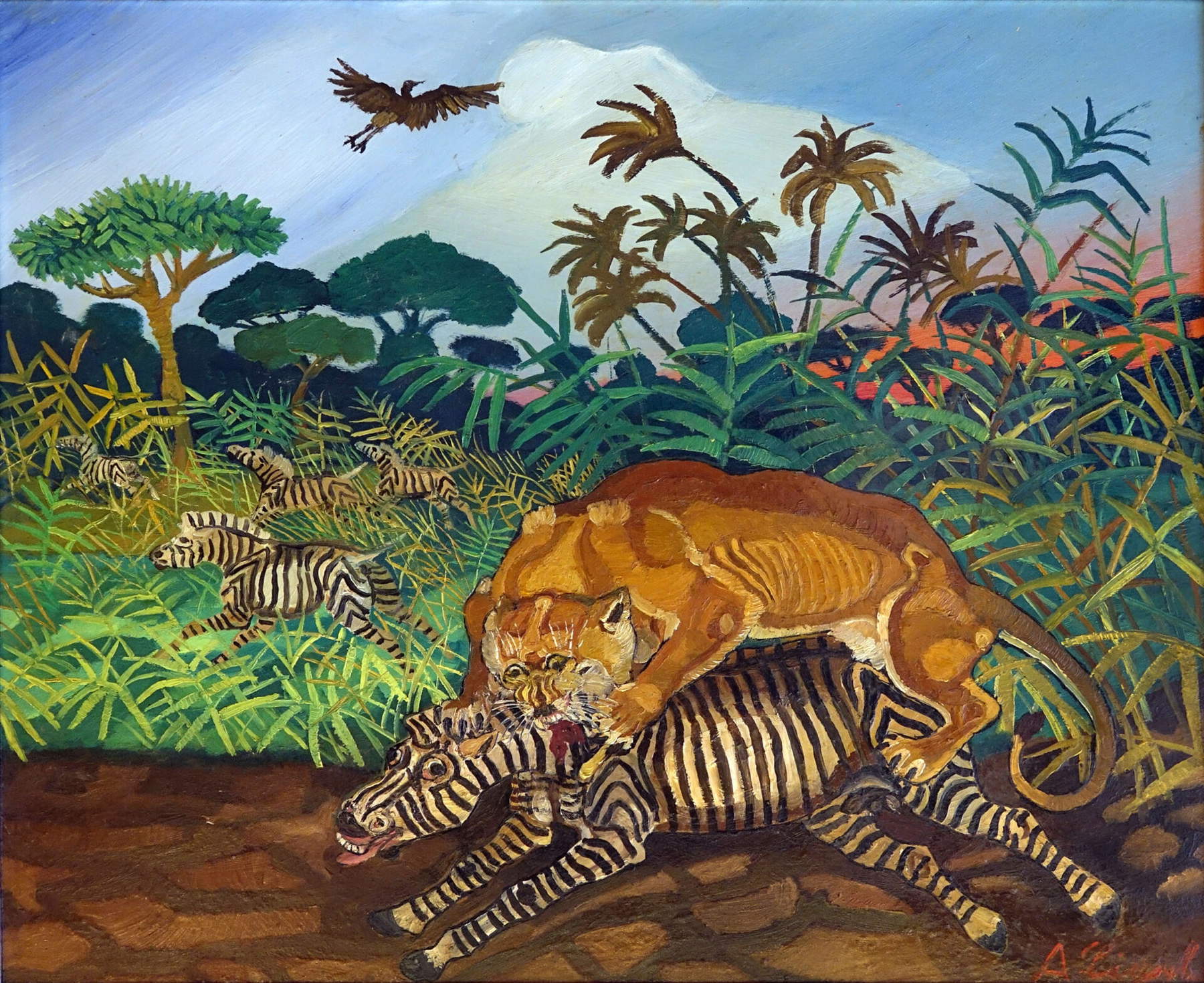 Antonio Ligabue, Leonessa con zebra (1959-1960; Olio su tavola di faesite; Collezione BPER Banca)
