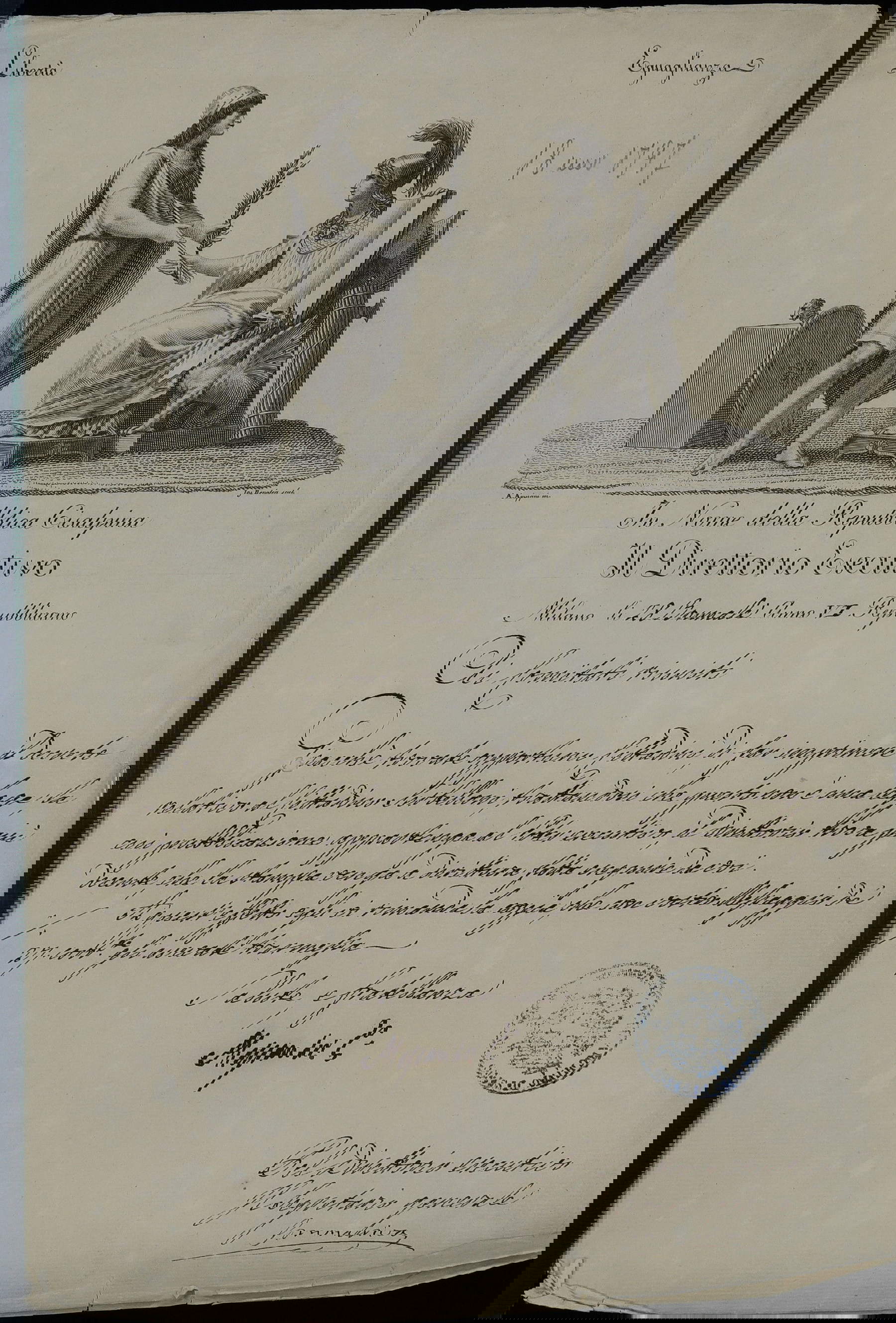 Andrea Appiani (dis.) and G. Benaglia (inc.), The Cisalpine Directory and the French Republic exchange symbols of peace and continuity - Letterhead for the Executive Directory