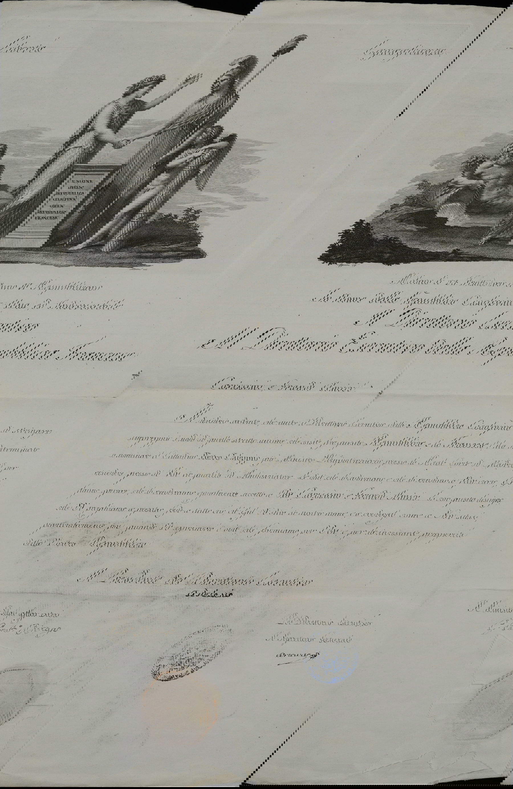 Andrea Appiani (dis.) and G. Mercoli (inc.), Union of the Cisalpine Republic with the French Republic - Letterhead of the Executive Directory of the Cisalpine Republic. This is one of the best known illustrated letterheads composed by Appiani for the republican government. The importance of the communicative and propagandistic role entrusted to these images emerges from the sudden dimension that this part of the document acquires over the written one. The same composition is reused later for the Italian Republic (1804) and the Ministry of War. Some preparatory studies for the composition are known. The Directory of the Cisalpine to the Directory of the French Republic, regarding the appointment of Pietro Caleppio as ambassador for France. (ASMi, Autographs, b. 103, f. 1)