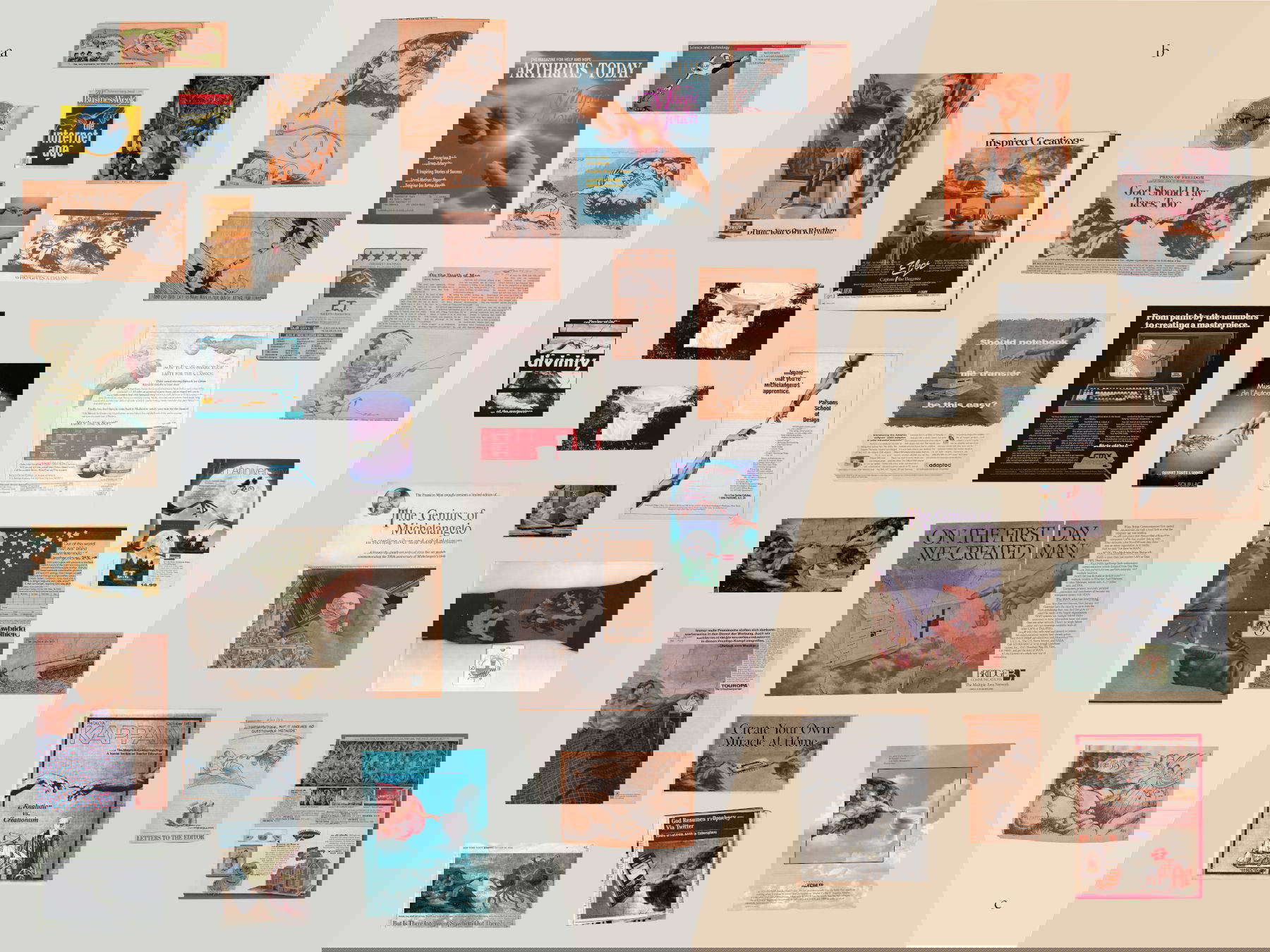 Atlas Steinberg, selezione di Lampoons della collezione di Leo Steinberg (2025; dimensioni e materiali vari, collage e grafica Pierandrea Villa stampa digitale, 15 x 20 cm; Leo Steinberg Papers, Getty Research Institute, Los Angeles)