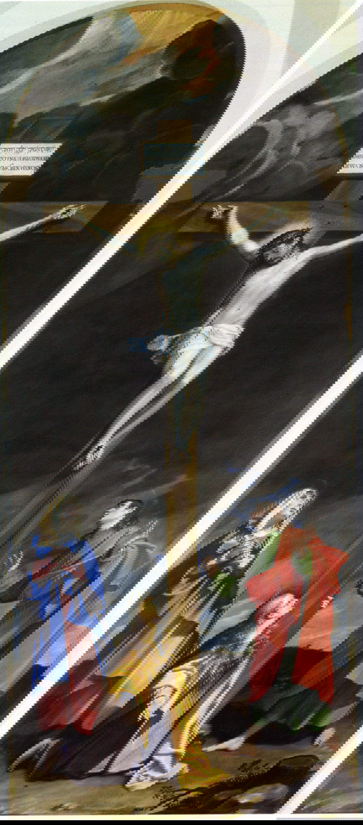 Bartolomeo Cesi, Christ Crucified with the Madonna, St. John the Evangelist, and St. Mary Magdalene (1595; oil on canvas, 550 x 217 cm; Bologna, church of San Girolamo della Certosa, apse)