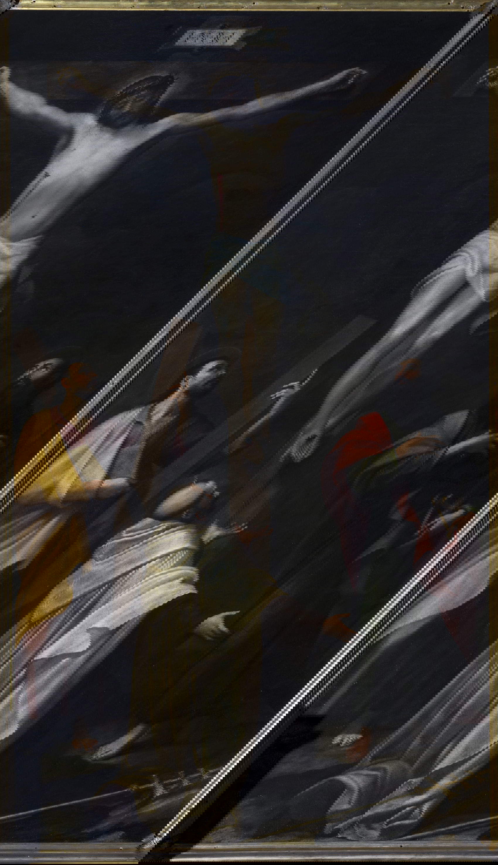 Bartolomeo Cesi, Crucifix and Saints Andrew, Peter Toma and Paul (1584-1585; oil on canvas, 375 x 217 cm; Bologna, basilica of San Martino Maggiore, inv. 10051)