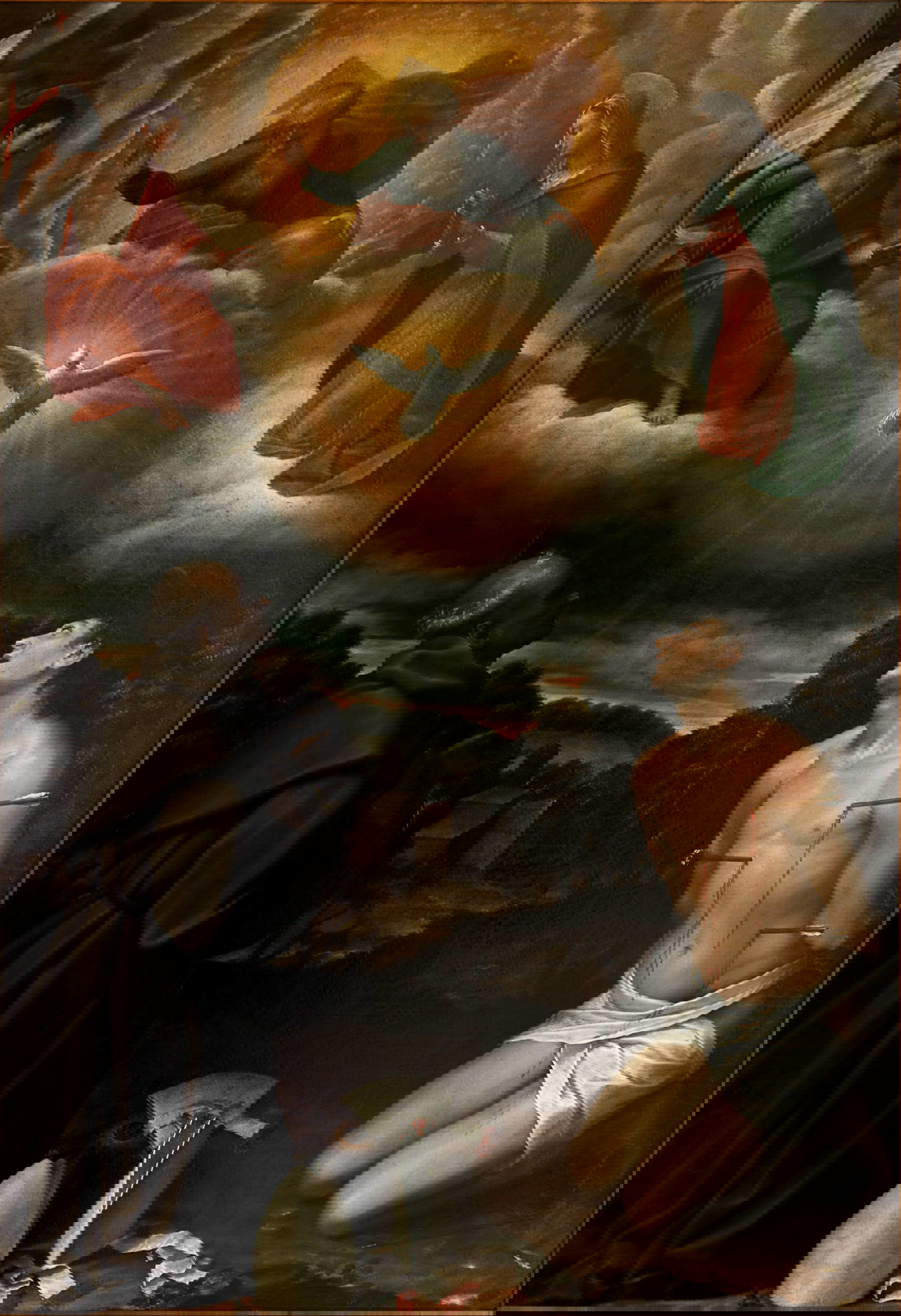 Bartolomeo Cesi, The Trinity and the Virgin adored by Saints Bernardine of Siena and Sebastian (1583-1585; oil on canvas, 213 x 147 cm; Bologna, IRCCS - Azienda Ospedaliero-Universitaria di Bologna - Policlinico di Sant'Orsola)