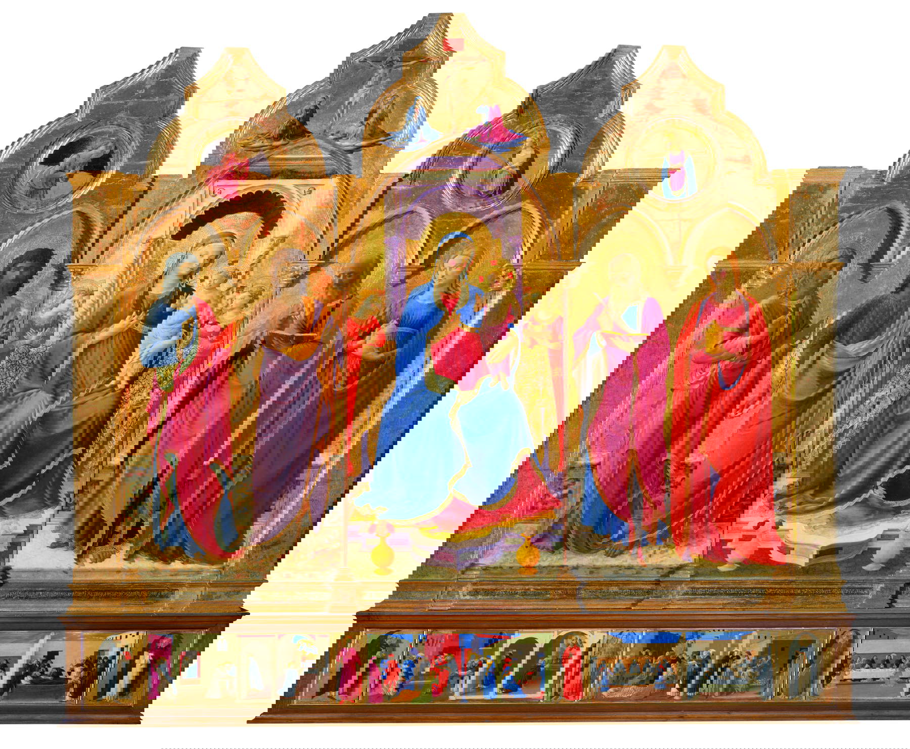 Beato Angelico, Cortona Triptych. St. Matthew and St. John the Baptist, with the Announcing Angel; Madonna and Child Enthroned and Four Angels, with the Crucifixion; St. John the Evangelist and St. Mary Magdalene, with the Virgin Announced; Stories of St. Dominic (predella) (c. 1437; tempera and gold on panel, 187 x 240 cm (excluding predella), 34.5 x 245.5 cm (predella); Cortona, Museo Diocesano del Capitolo. Photo: Photo Scala, Florence