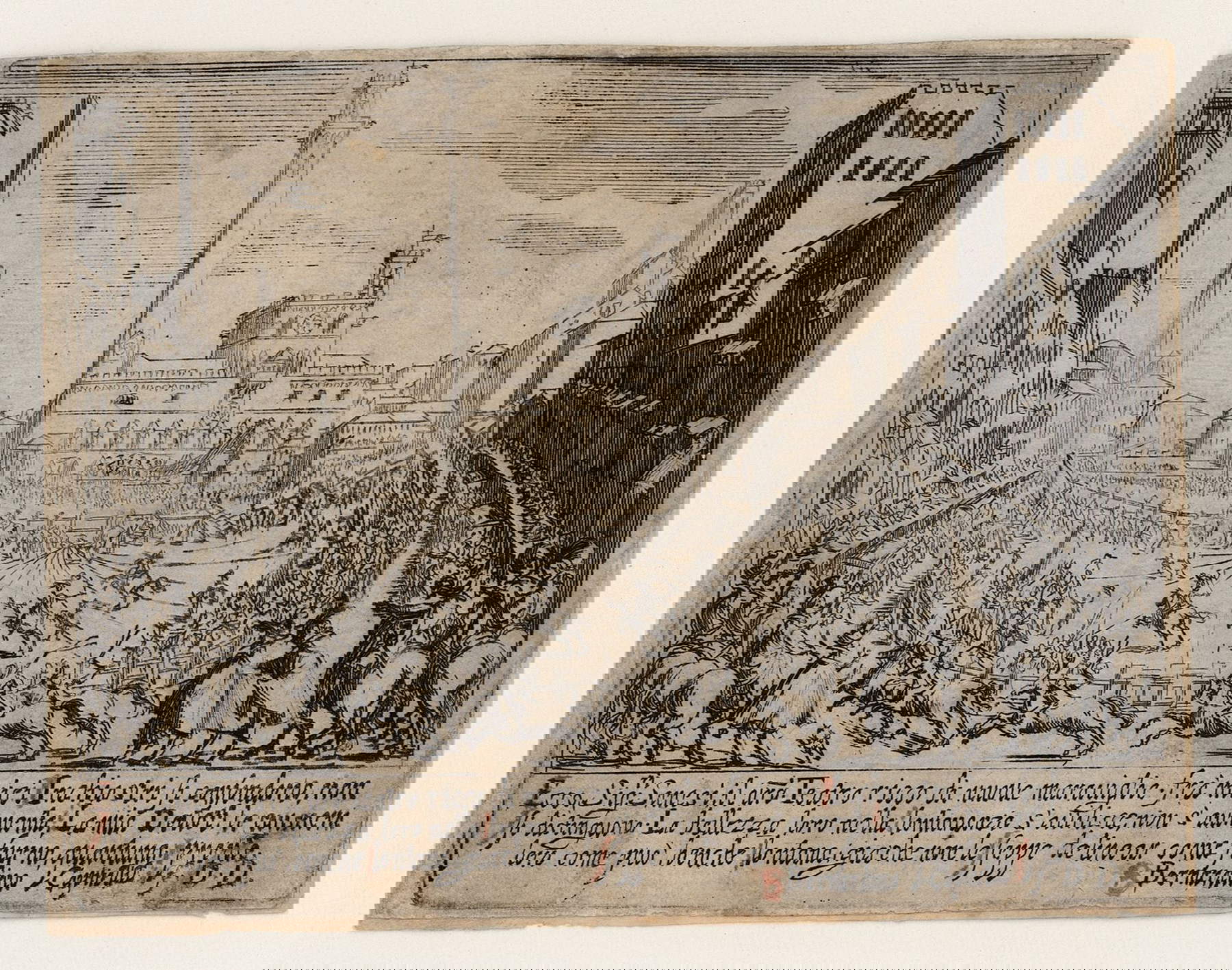 Bernardino Capitelli, Corsa di cavalli nella piazza del Campo di Siena (1633; acquaforte su carta, 10,6 x 14 cm; Siena, Biblioteca Comunale degli Intronati di Siena) &copy; Biblioteca Comunale degli Intronati di Siena