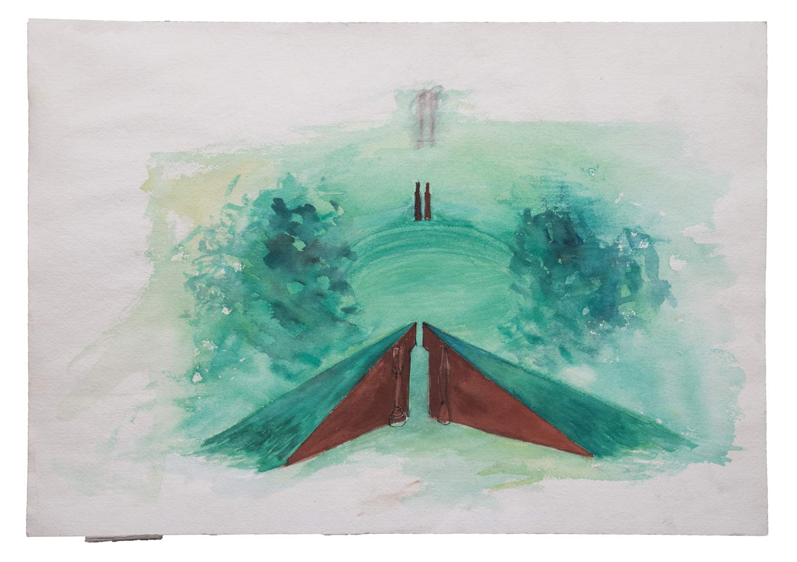 Beverly Pepper, Spazio Teatro Celle studio (Gori) (1987-1992 ; aquarelle et fusain sur papier, 34 x 50 cm). Par concession de la Fondazione Progetti Beverly Pepper, Todi.