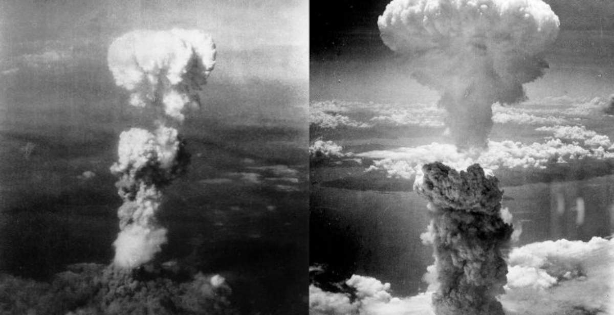 Atomic mushrooms from Hiroshima (left) and Nagasaki (right). Photo: George R. Caron, Charles Levy