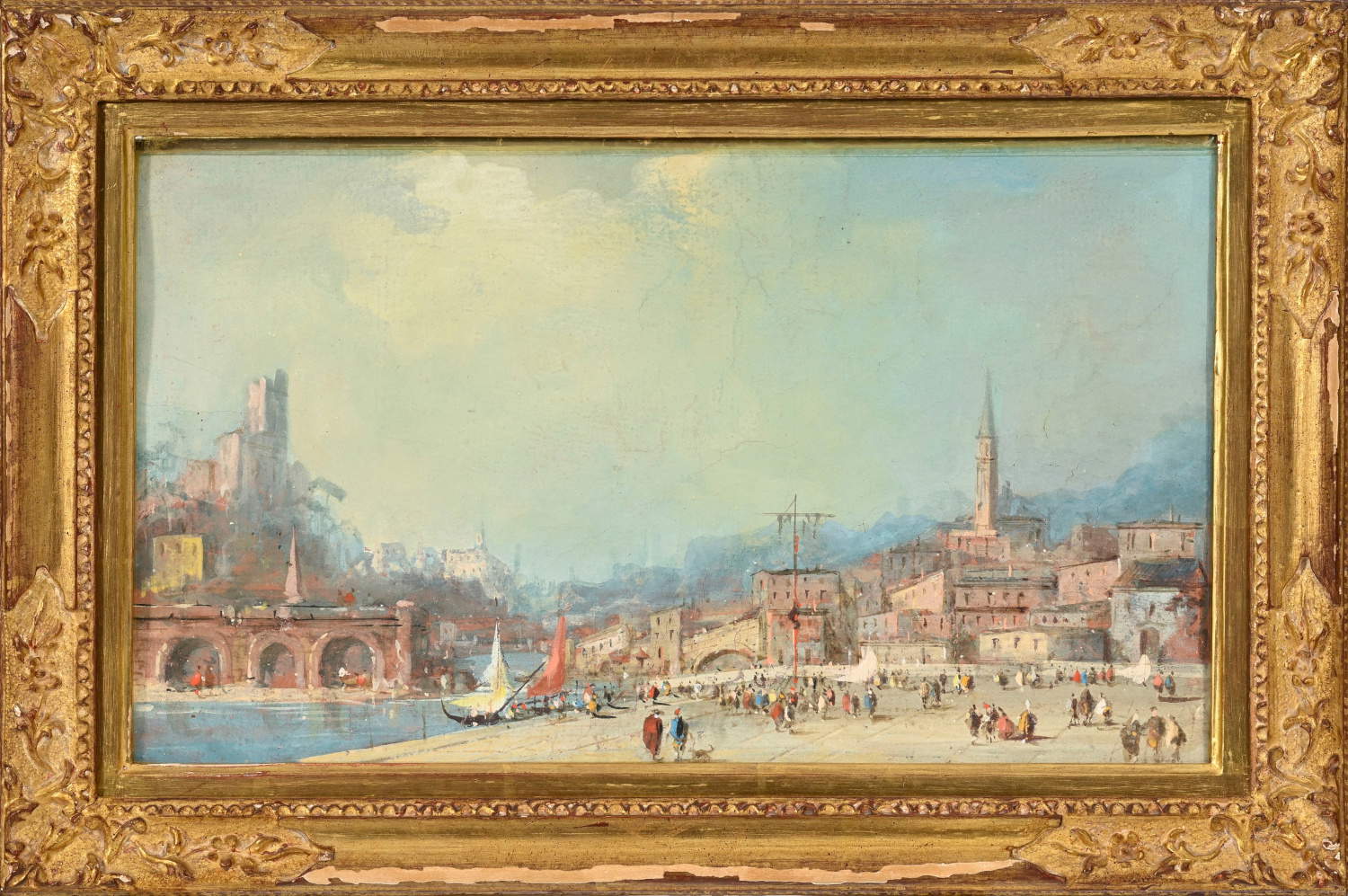 École vénitienne de la fin du XVIIIe siècle, Capricci, série de 6 temperas sur toile (22 x 38 cm chacune). Lot 2045. Estimation 8 500 - 12 500 euros.