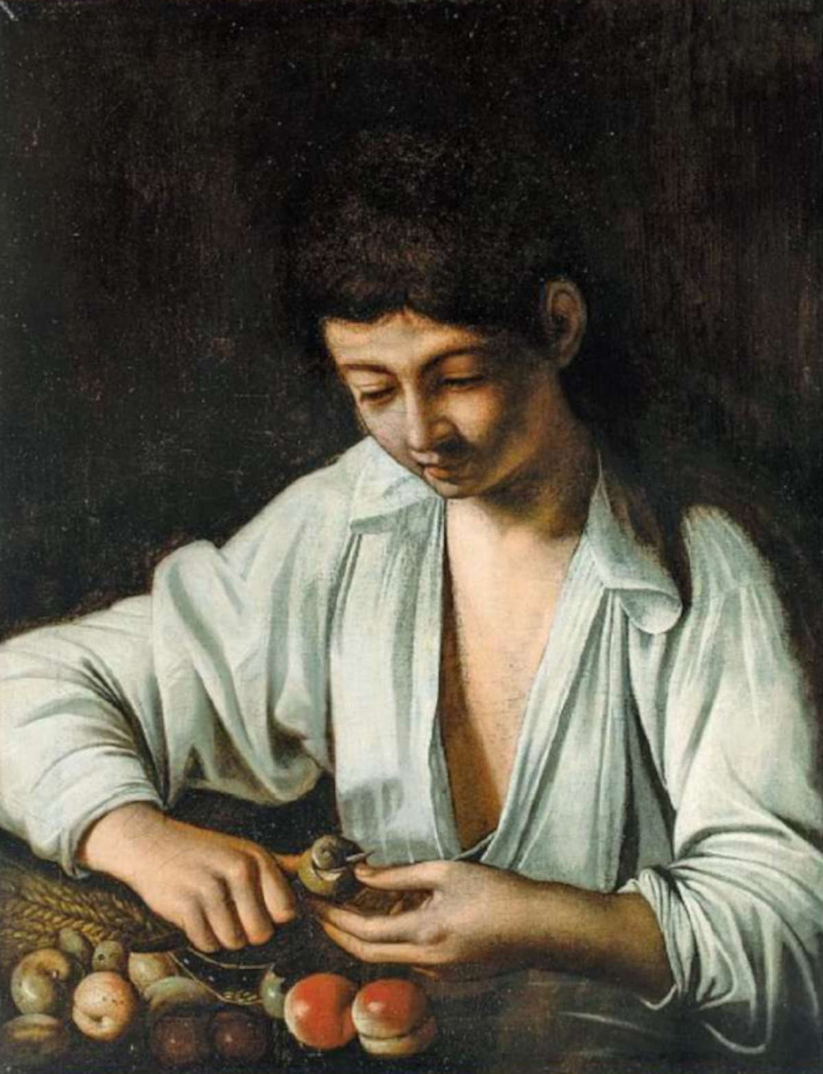 Il Mondafrutto andato in asta nel 2024 e attribuito a Caravaggio da Gianni Papi (olio su tela, 66 x 51,5 cm)