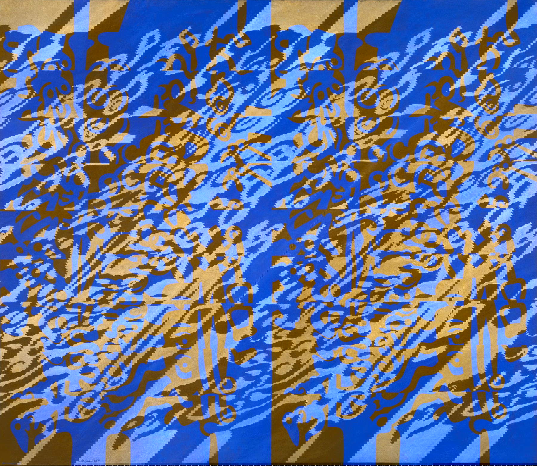 Carla Accardi Oroblu (Oriente Nr. 2) (1965; Kaseintempera auf Leinwand, 190 x 220 cm; Rom, Archiv der Sammlung des Künstlers Nr. 419 Celant 1999, S. 297, Nr. 1965 5, repr.)