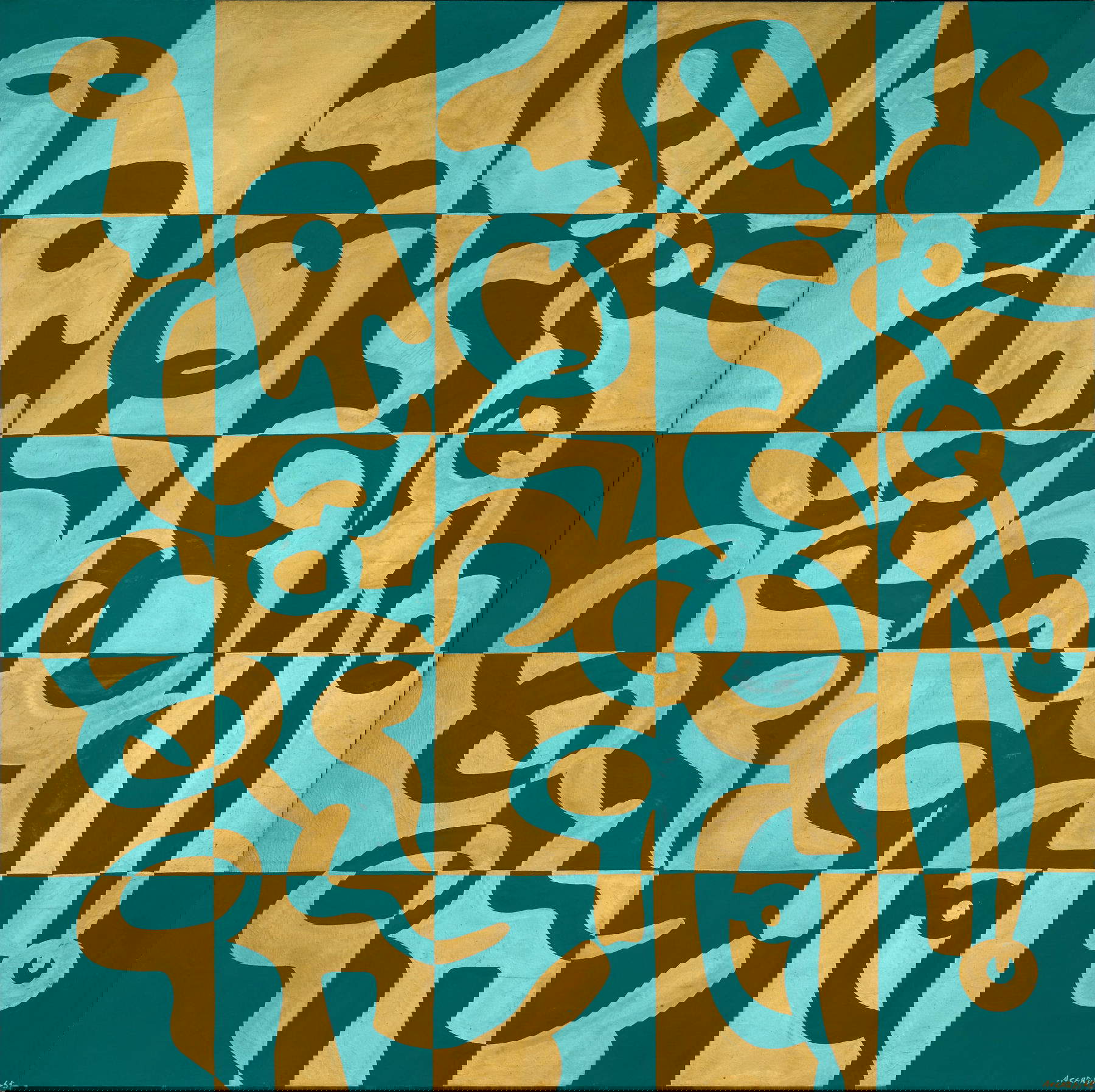 Carla Accardi, Scacchiera oroverde (1965; Kaseintempera auf Leinwand, 195 x 195 cm; Rom, Archiv der Sammlung des Künstlers Nr. 417 Celant 1999, S. 296, Nr. 1965 3, repr. und S. 297, Nr. 1965 3)