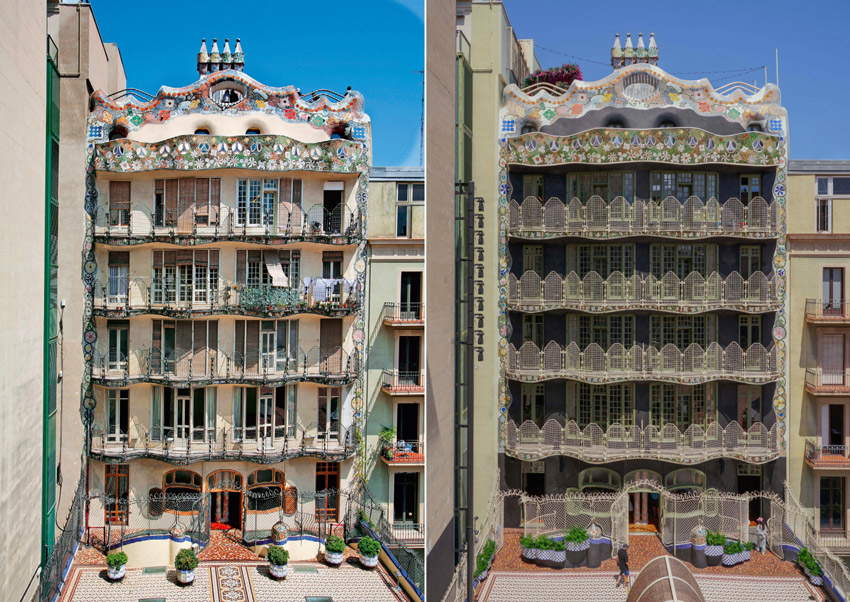 Barcelona, rear facade of Casa Batlló restored: reconstructed to original appearance