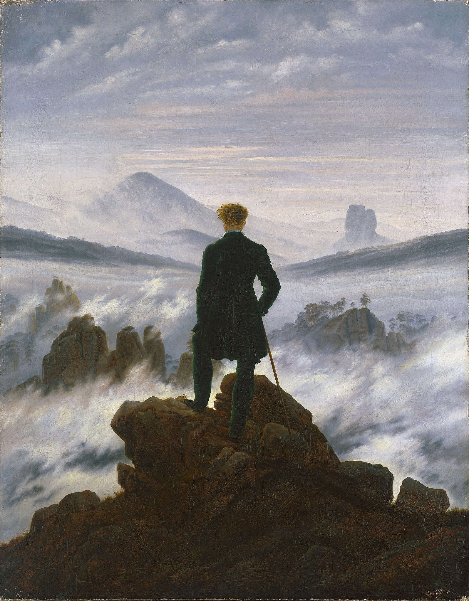 Caspar David Friedrich, Viandante sul mare di nebbia (1818; olio su tela, 95 x 75 cm; Amburgo, Hamburger Kunsthalle)