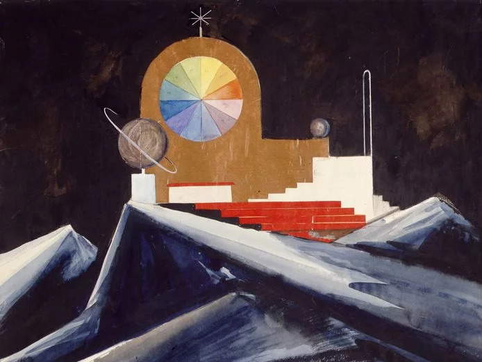Oskar Schlemmer Montblanc. Le château magique de Faust (1925 ; aquarelle, encre, gouache, bronze doré et argenté et collage de papier glacé coloré, sur papier aquarelle, bpk ; Cologne, Université de Cologne, Collection d'études théâtrales | TWS)