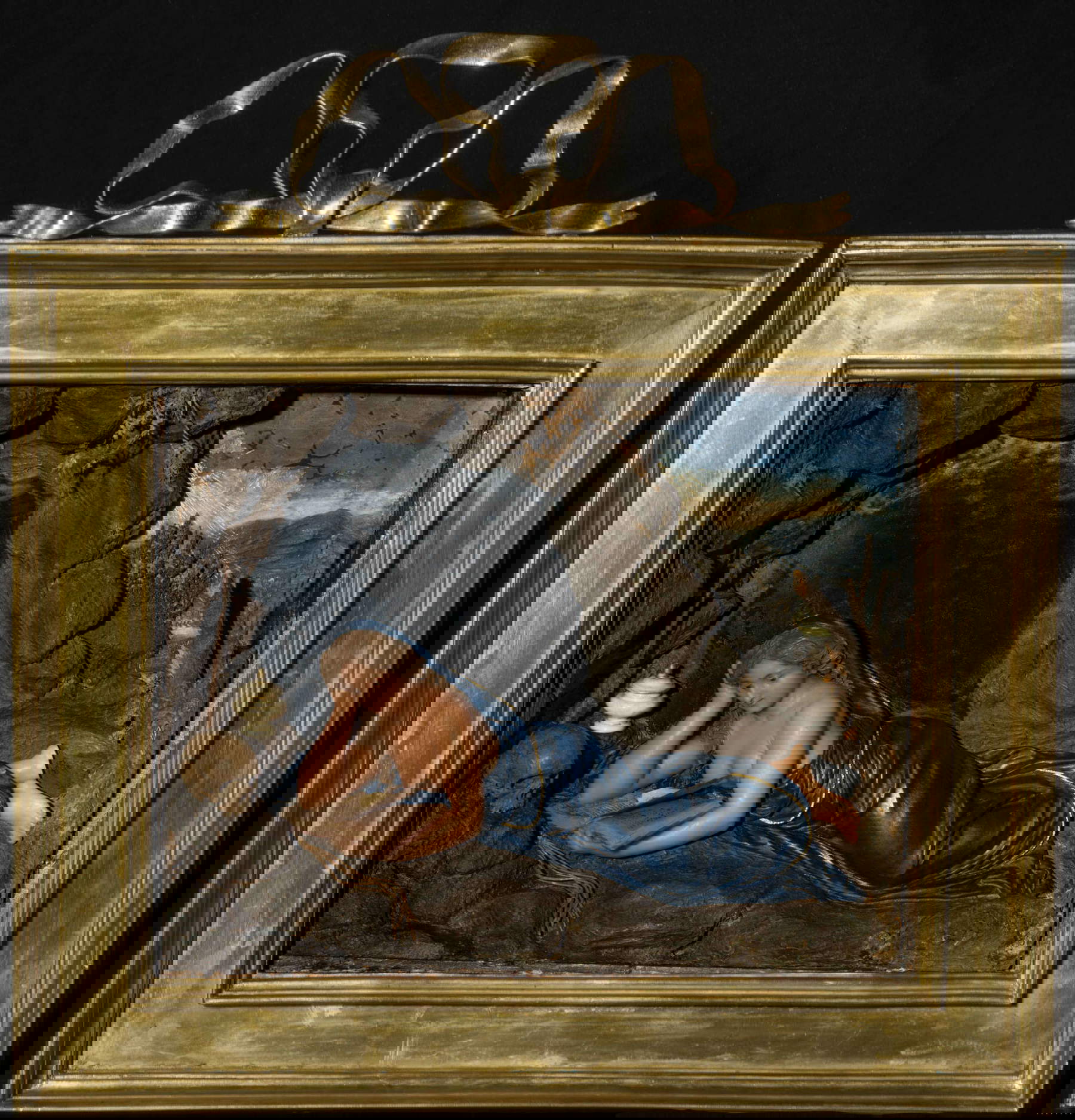 Ceroplast actif en Toscane dans la première moitié du XVIIe siècle, Lecture de Sainte Marie-Madeleine (vers 1610-1620 ; cire polychrome sur verre peint, bois, fibres végétales, papier, ivoire, 16, 2 x 20 cm ; Florence, Galeries des Offices, Palais Pitti, Trésor des Grands Ducs).