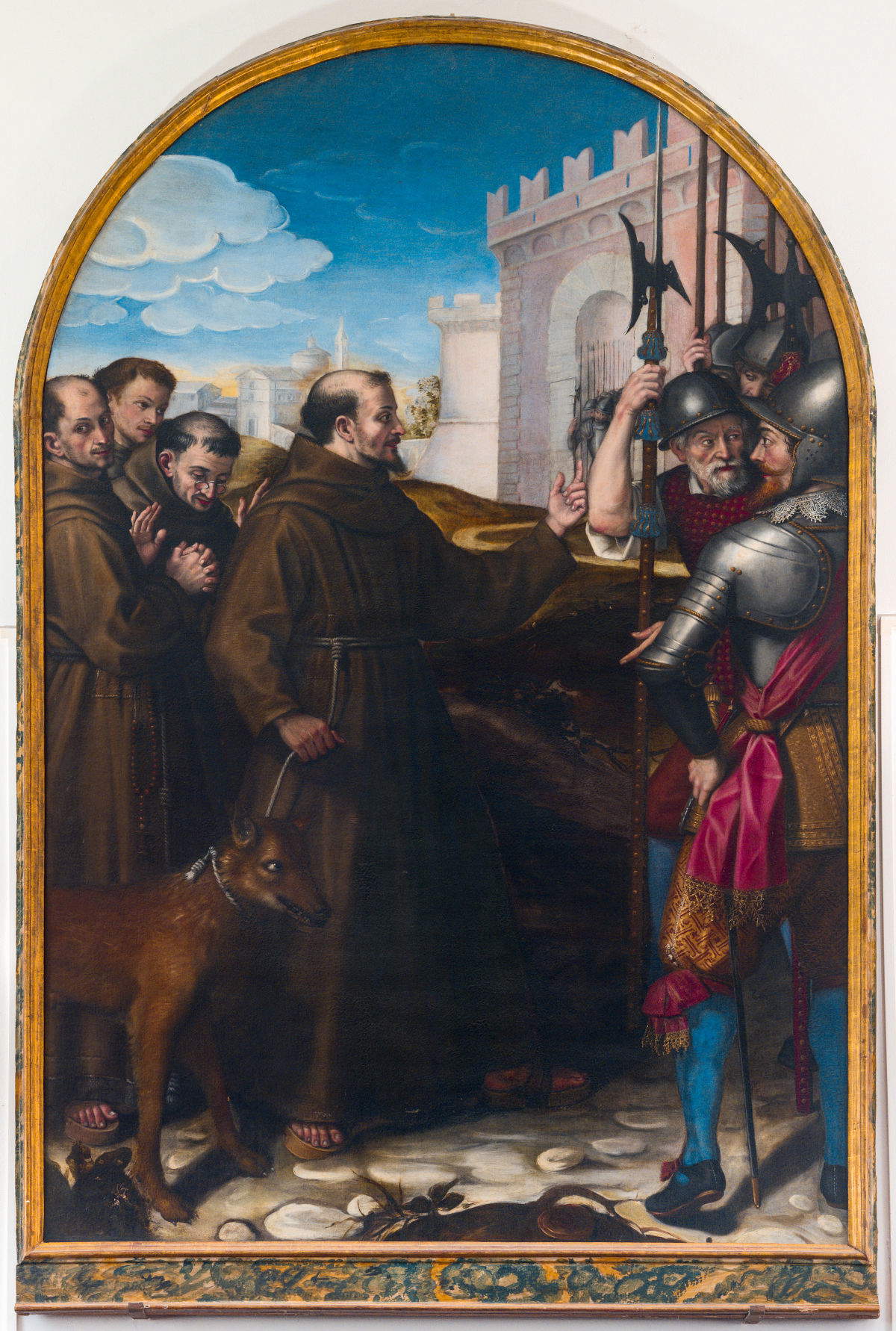 Cesare Maggeri, Der heilige Franziskus mit dem gezähmten Wolf von Gubbio predigt die Versöhnung (Ende 16. bis Anfang 17. Jahrhundert; Öl auf Leinwand, 280 x 170 cm; Urbino, Kloster Santa Chiara)