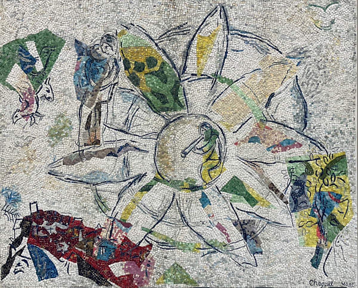 Marc Chagall, Le Grand Soleil (1967; stone, marble, glass paste, 340 x 420 cm; private collection) &copy; Chagall&reg;, by SIAE 2025 Photo &copy; Benoit Coignard