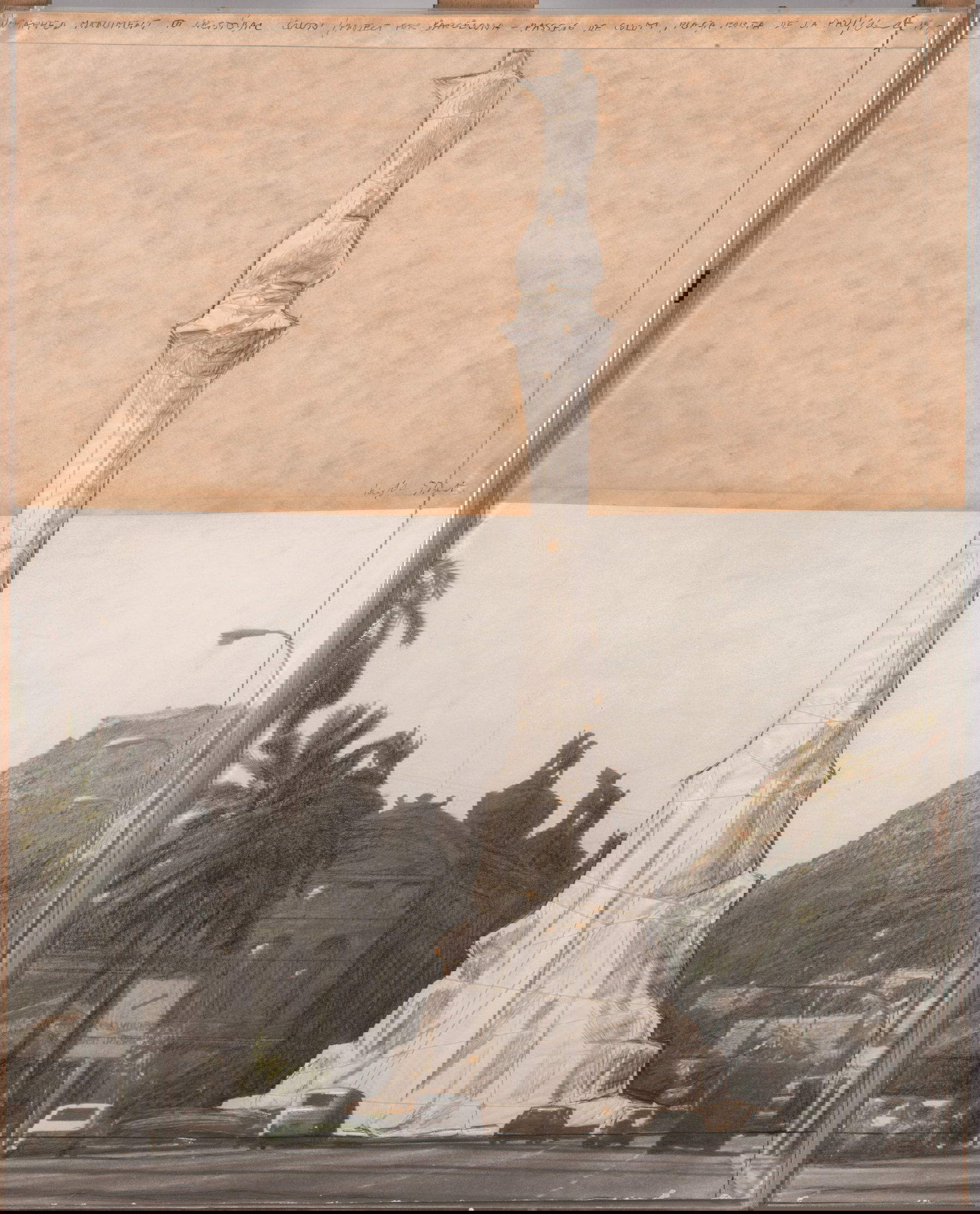 Christo &amp; Jeanne-Claude, Wrapped monument to Cristobal Colon (Project for Barcelona-Passeig de Colom, Pla&ccedil;a Porta de la Pau), (1975; Collage on paper; 72 x 56.5 cm). &copy; Christo and Jeanne-Claude Foudation. Courtesy of Prats Nogueras Blanchard Barcelona/Madrid.