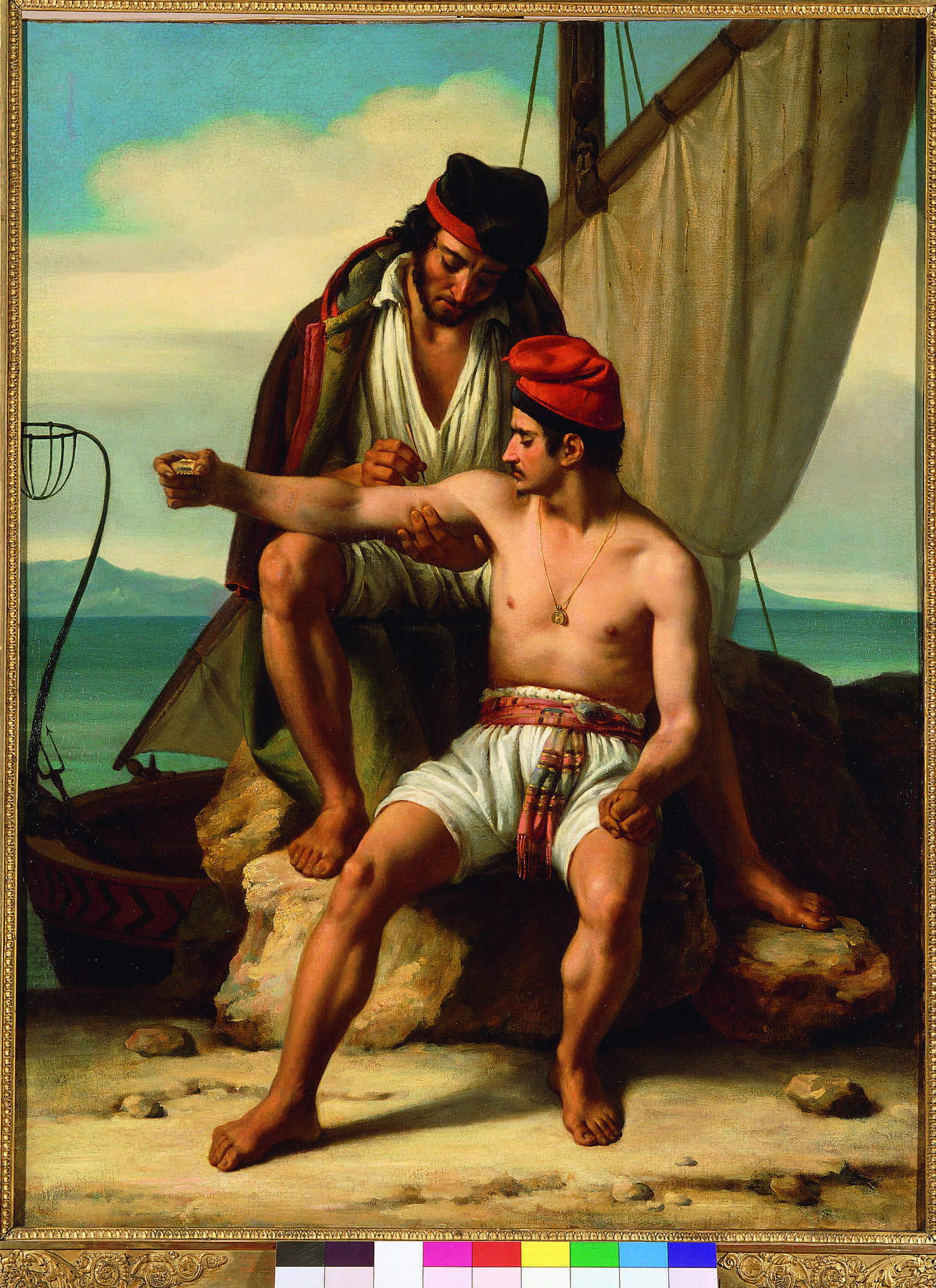 Constantin Jean Marie Pr&eacute;vost, Le Tatouage du matelot (c. 1830, oil on canvas oil, 100 x 75 cm; Turin, Archives of the Cesare Lombroso Museum of Criminal Anthropology, University of Turin