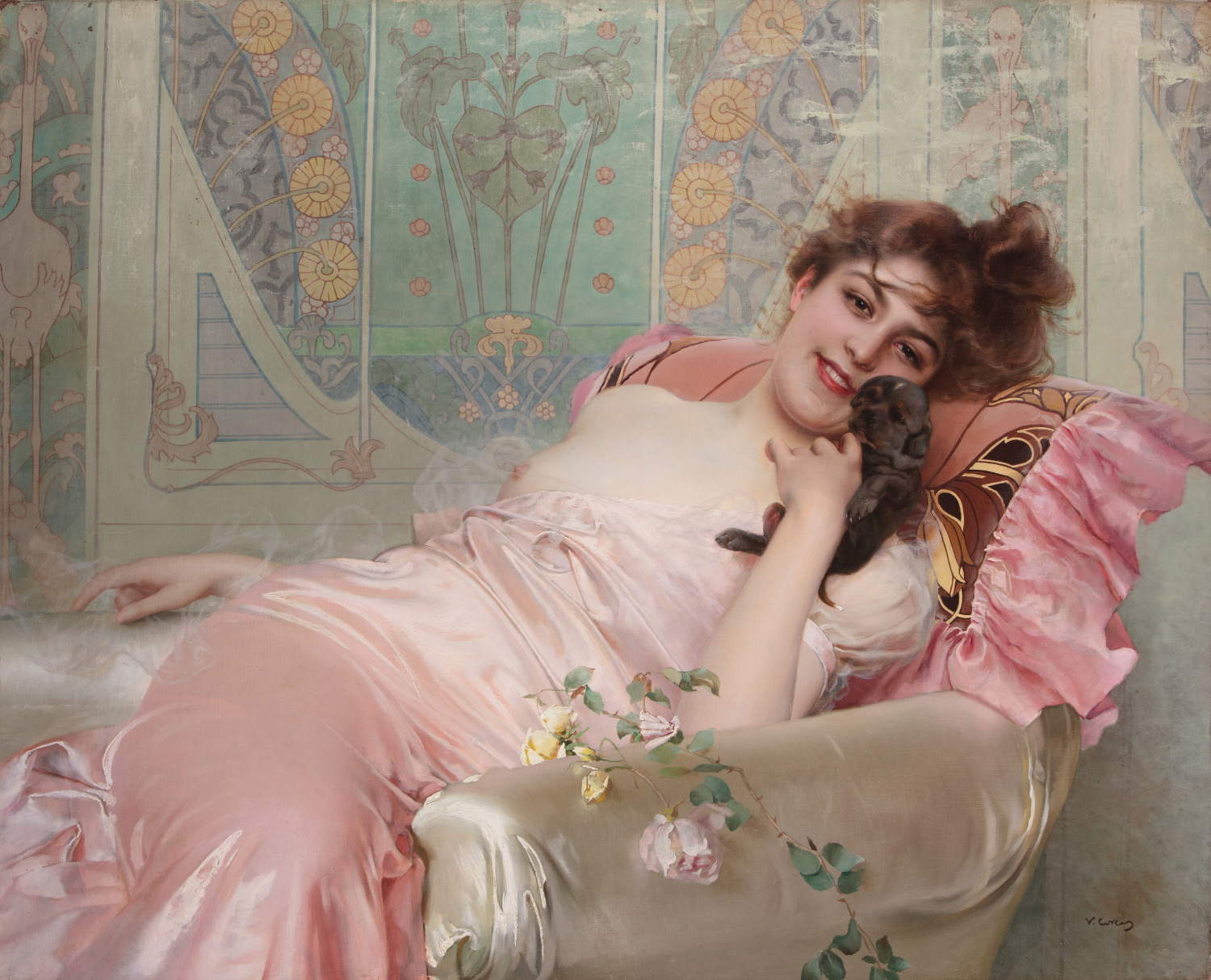 Vittorio Matteo Corcos，《带小狗的女士》（约 1890 年；布面油画，88 x 100 厘米）