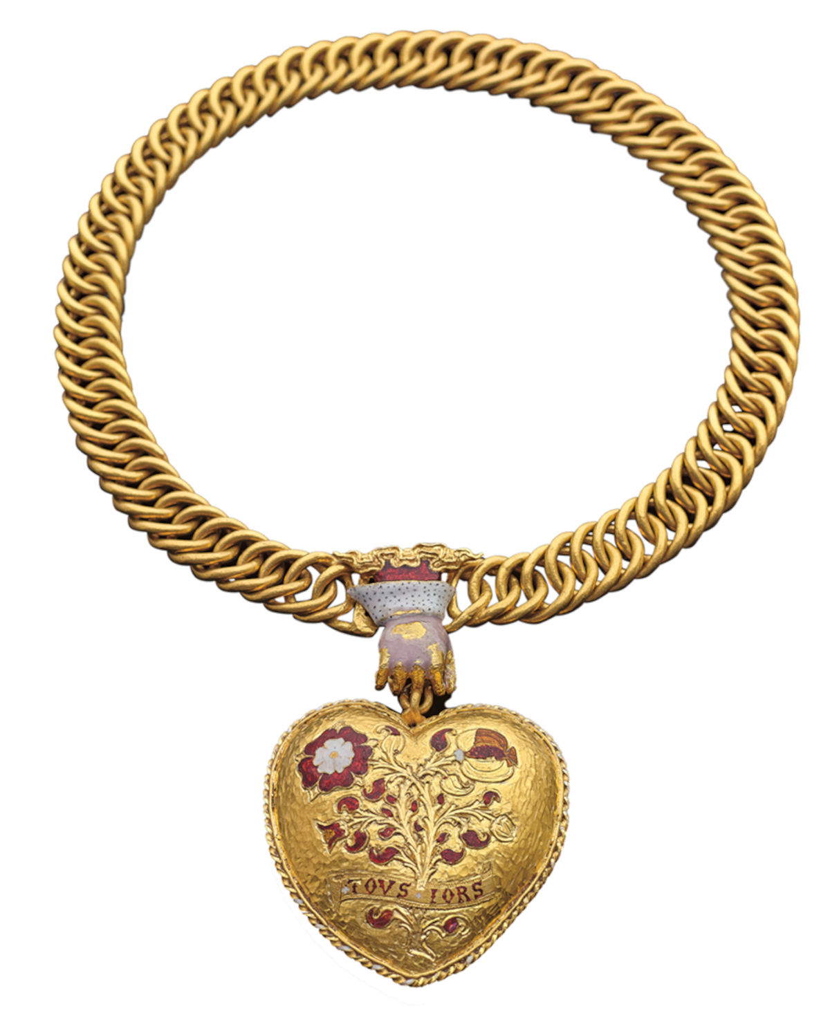 The front of the Tudor Heart decorated with the rose and pomegranate (1509-1533; enameled gold; Warwickshire, England) Photo: © Birmingham Museums Trust.