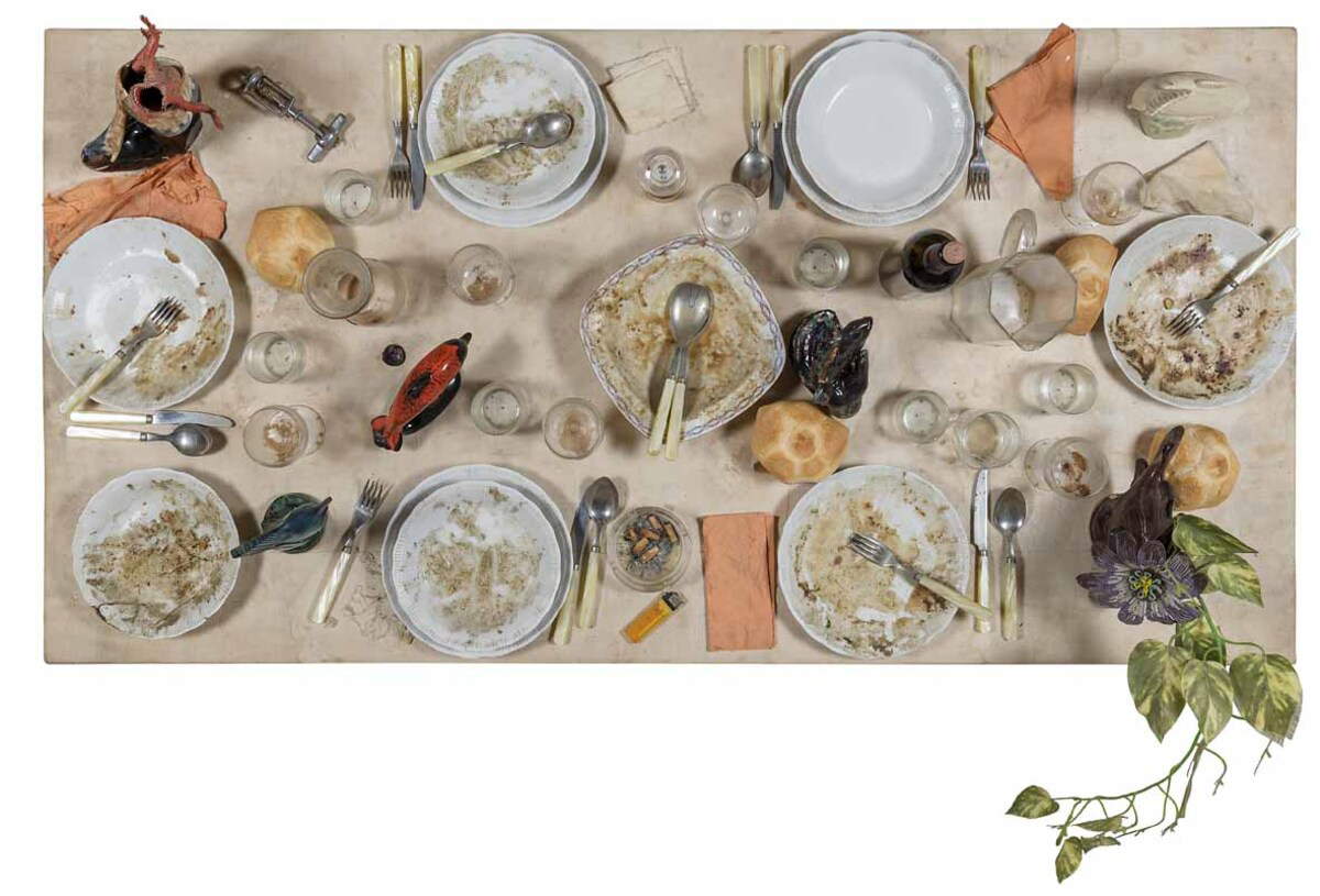 Daniel Spoerri, Cou de Poissons (1992; miscellaneous objects and fabric on wood, 80 x 160 x 40 cm).