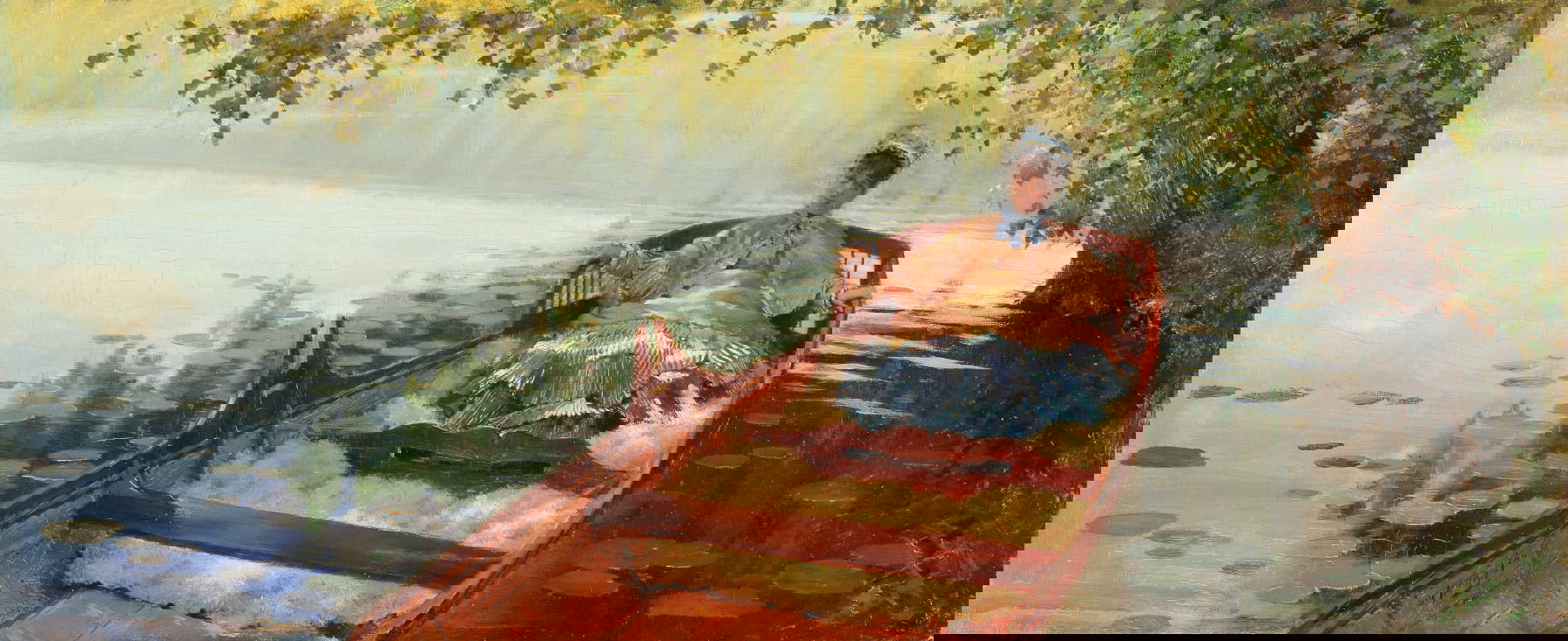 朱塞佩-德-尼蒂斯，《小艇中的莱昂蒂娜》（1874 年；油画，24.9 x 60.2 厘米）