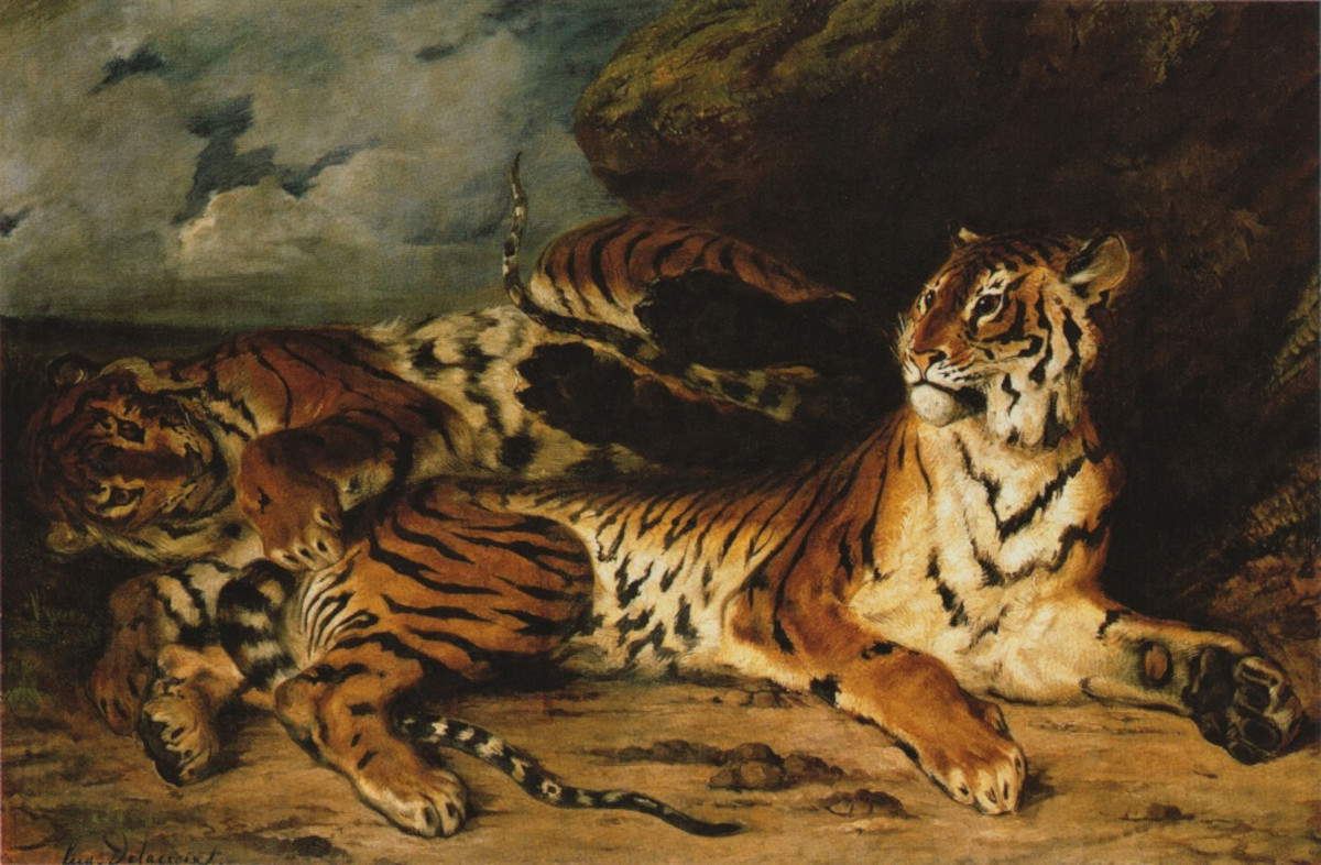 Eugène Delacroix, Étude de deux tigres (1830; óleo sobre lienzo, 130,5 x 195 cm, París, Museo del Louvre)