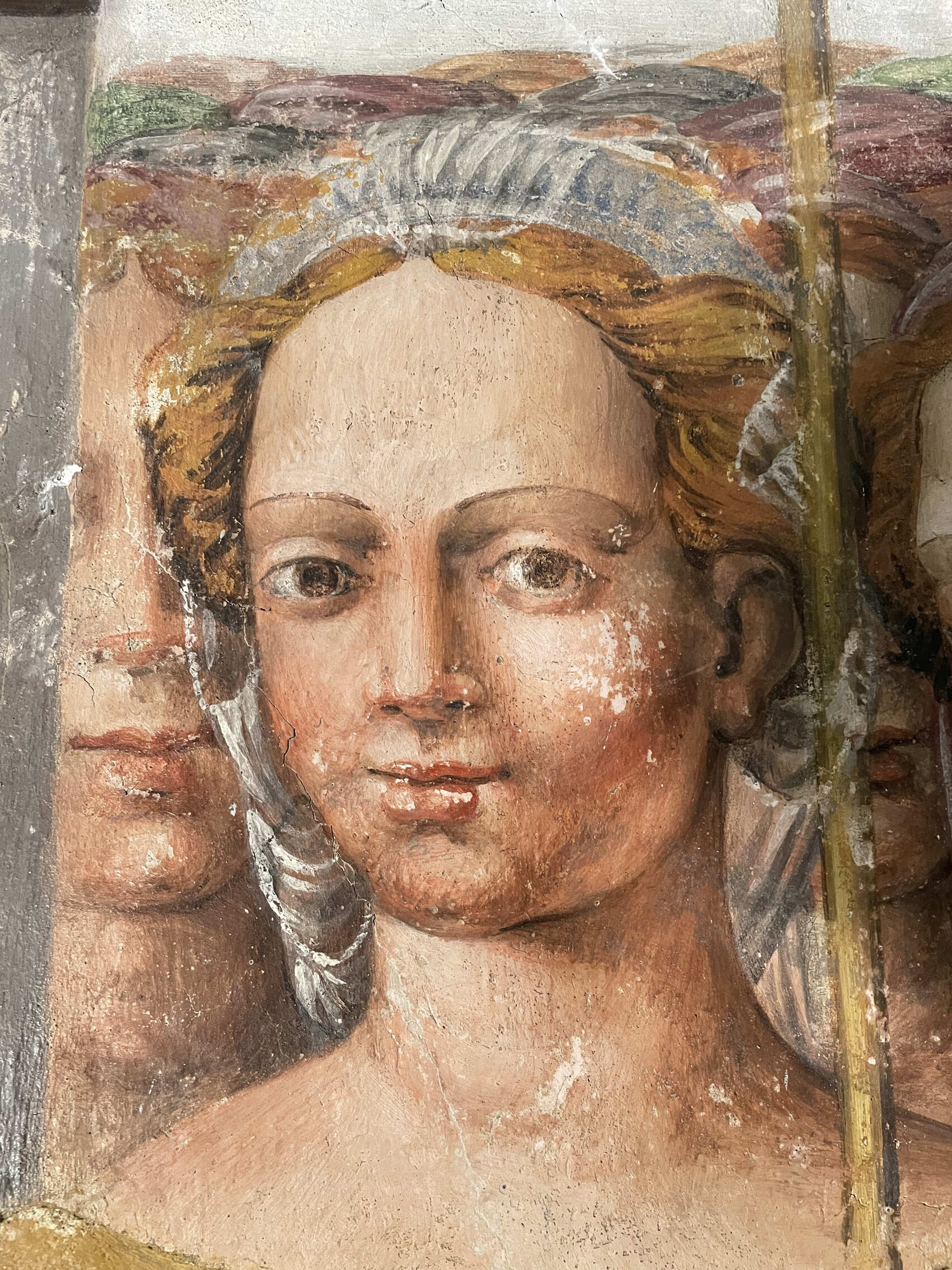 Dettaglio del volto di una delle Vergini Martiri, prima del restauro.