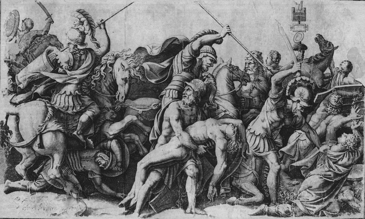 Diana Scultori, The Fight around the Body of Patroclus (c. 1570; burin engraving, state unspecified; Mantua, Ducal Palace, general inv. 11942)