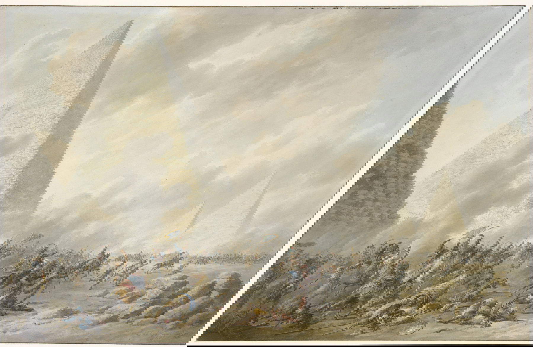 Dirk Langendijk, Die Schlacht bei den Pyramiden, 21. Juli 1798 (1803; Feder in Braun, Pinsel in Aquarell, Bleistift, 54 x l84 cm; Amsterdam, Rijksmuseum)