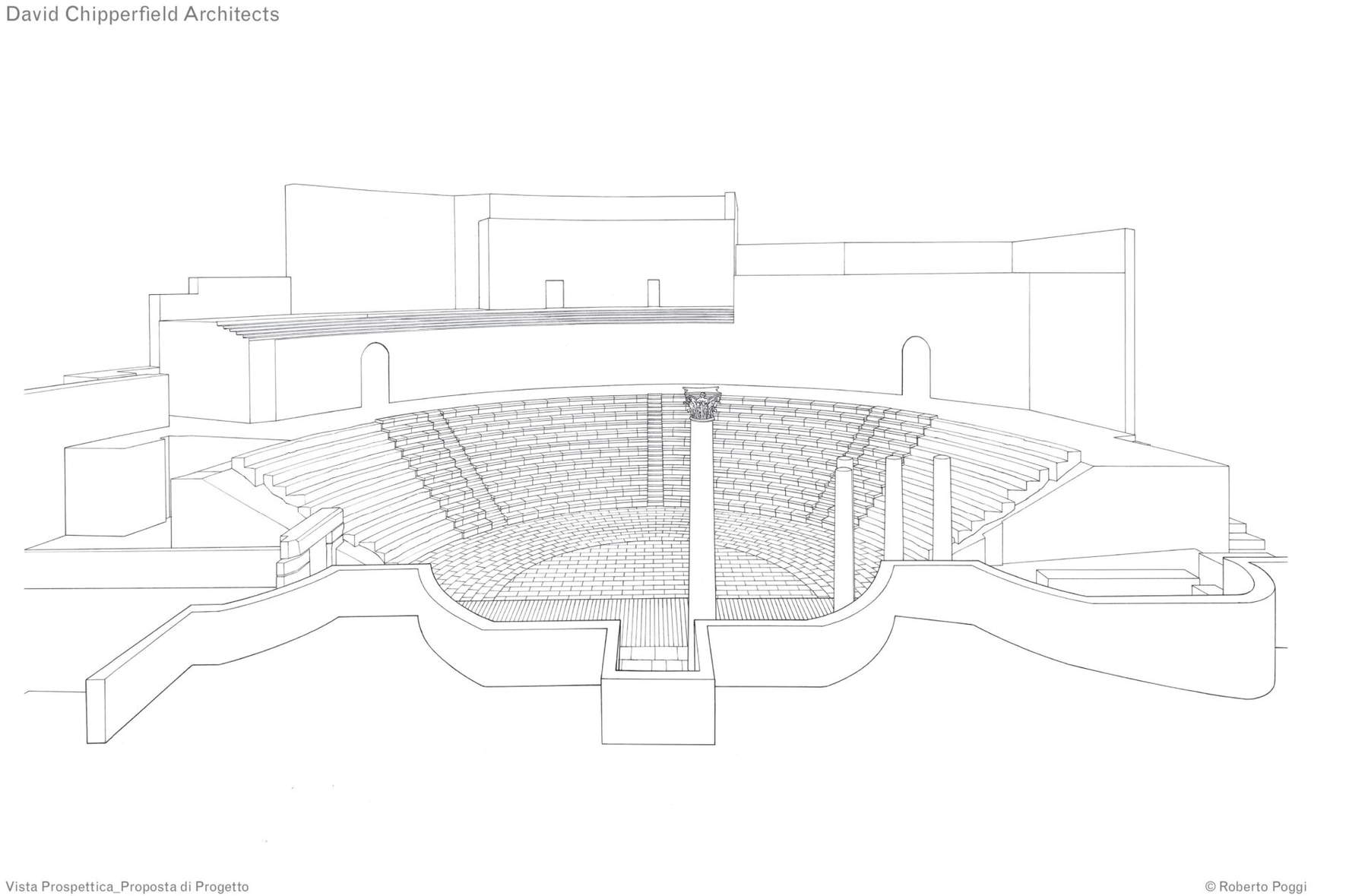 Disegno prospettico del Teatro Romano. Crediti: Roberto Poggi