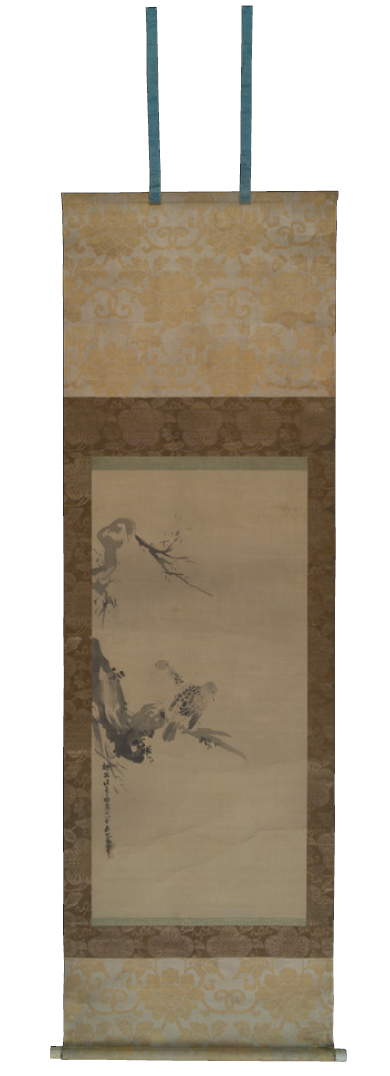 Two sparrows on a branch (17th - 18th century; ink and watercolor on silk, 214 x 67.60; inv. 2203)