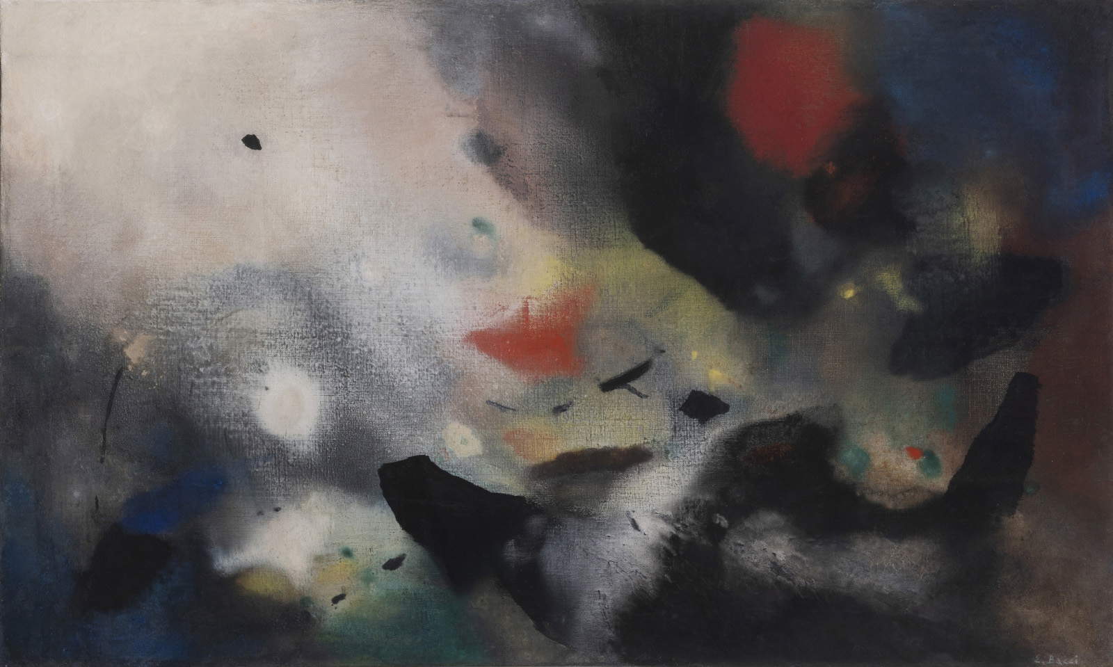 Edmondo Bacci, Evento nº 104 (1954; témpera grassa sobre lienzo, 80 x 133 cm; Colección particular). Por concesión de Galleria Gracis, Milán y Reve Art, Bolonia.