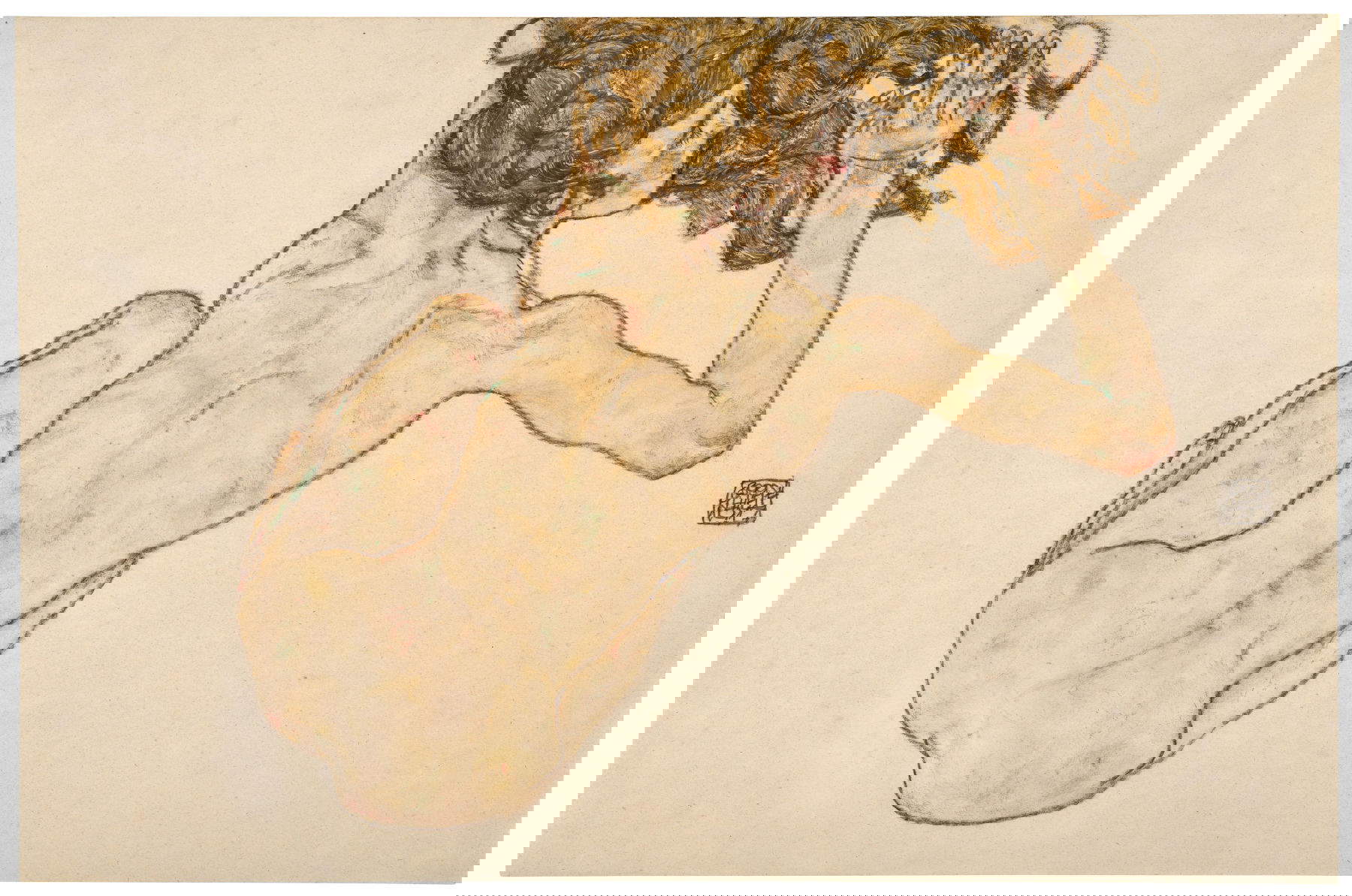 Egon Schiele, Crouching Nude, Rear View (1917; gouache and black pastel on paper, 29.5 x 45 cm). Photo: &copy;DOROTHEUM