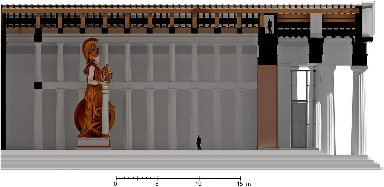 Ripristinata elevazione della sezione trasversale laterale della cellula e del pronao del Partenone. Rendering: Juan de Lara.
