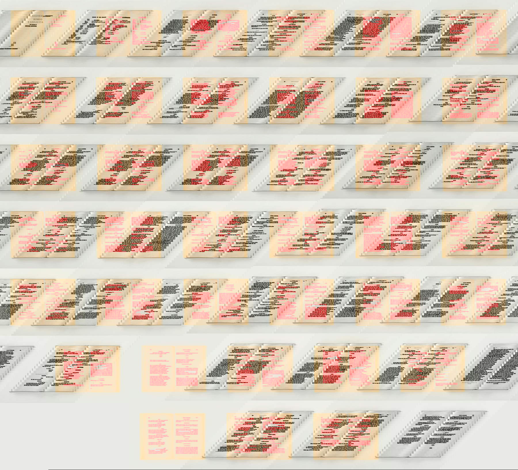Emilio Isgr&ograve;, Romeo e Giulietta (2022; acrilico su tela stampata montata su libro montata su legno, 38 elementi 31,5 x 39,8 x 4 cm cad.) Su concessione di Tornabuoni Arte