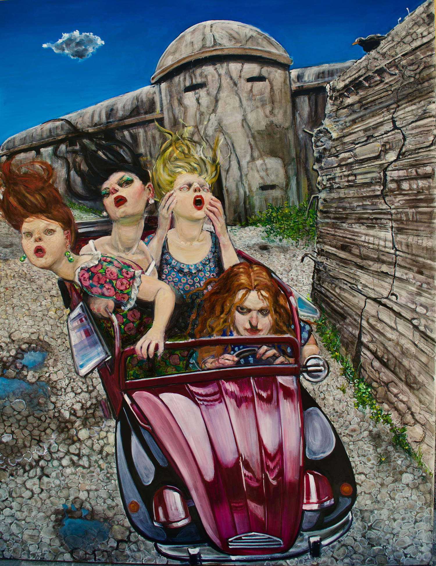 Enrico Robusti, Gitarella in der Festung Verena der verrückten Sibyllen zusammen mit dem Miesepeter Kassandra, der nie eine errät! (2024; Öl auf Leinwand, 208 x 160 cm)