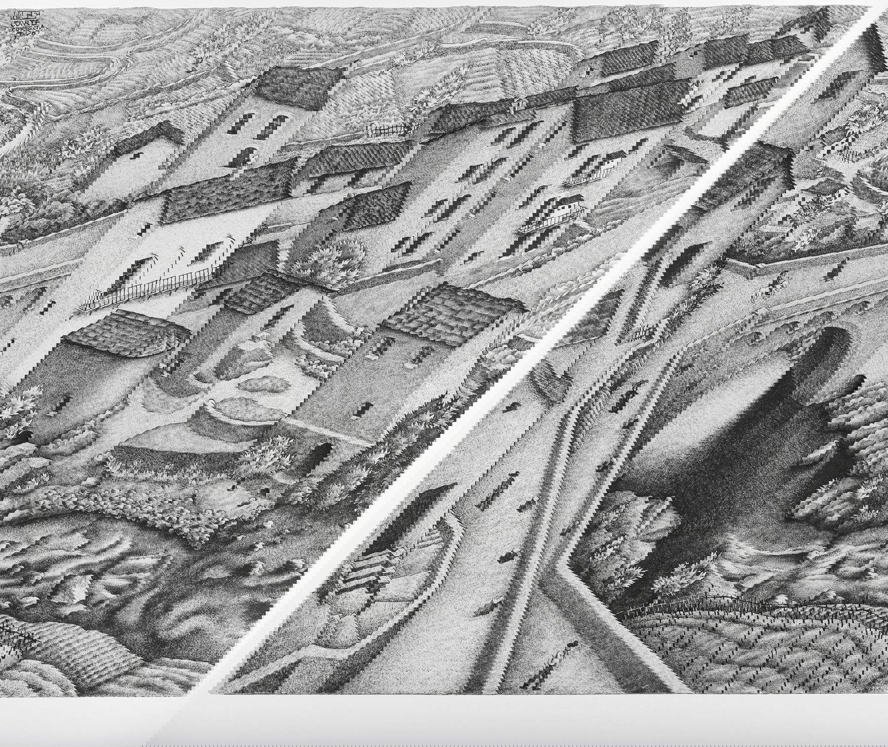 M.C. Escher, Corte, Corsica (1928; china e matita su carta, 51,5 x 64,5 cm; L&rsquo;Aia, Kunstmuseum Den Haag) All M.C. Escher works &copy; 2025 The M.C. Escher Company. Tutti i diritti riservati