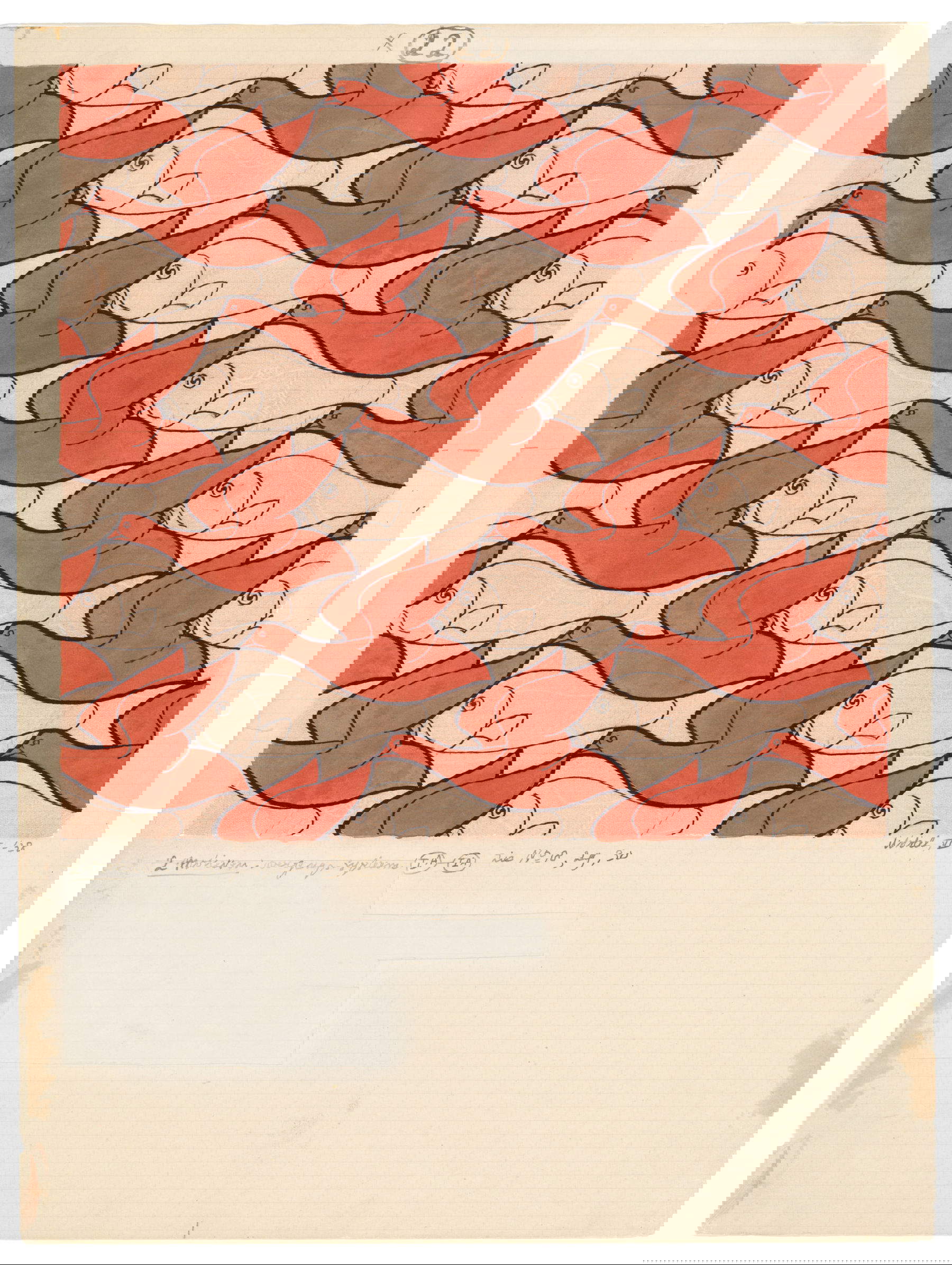 M.C. Escher, Divisione regolare del piano con uccelli e pesci, n. 22 (1938; matita colorata, china e acquerello su carta, 35,9 x 27 cm; L&rsquo;Aia, Kunstmuseum Den Haag)